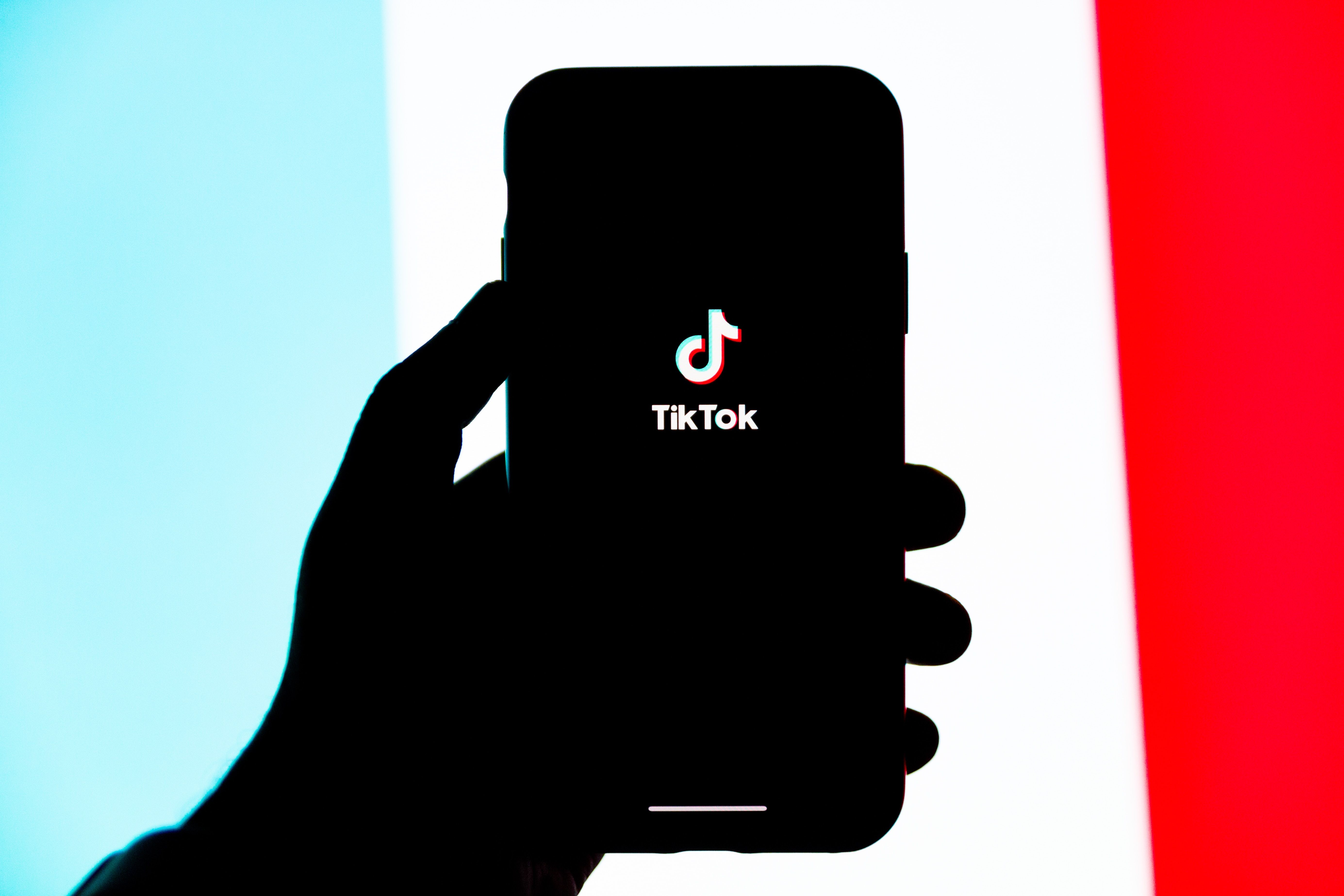 A silhouette of a hand holding a phone displaying the TikTok app logo against a blue, white, and red striped background.