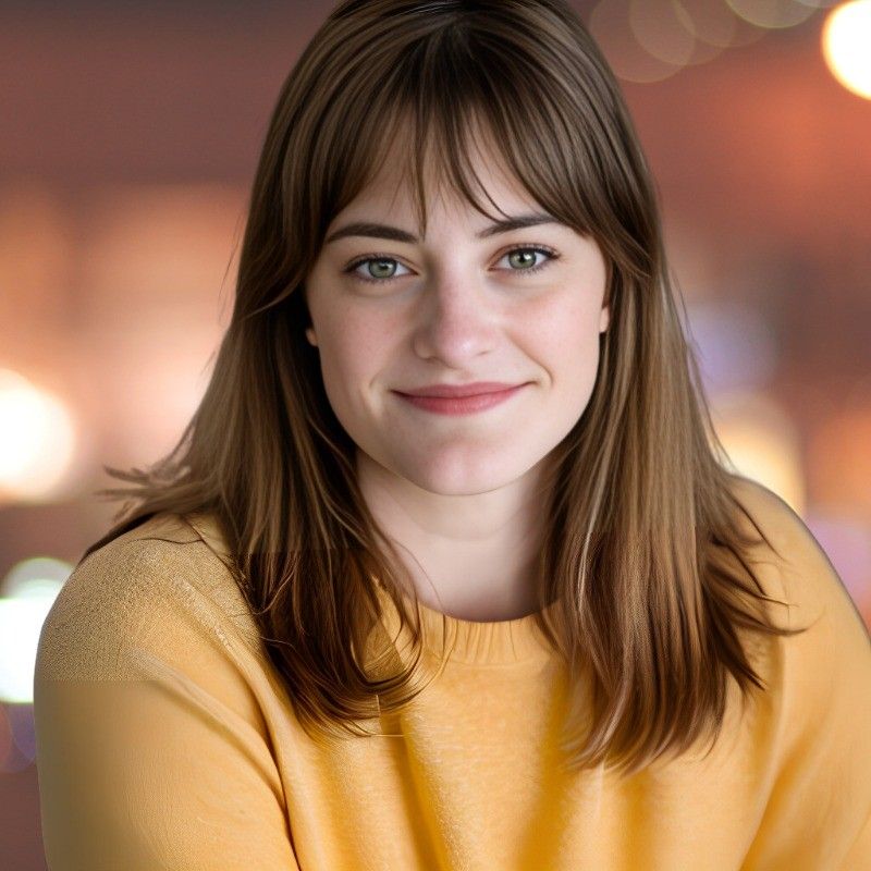 A painting-like image of Megan Cornish, sitting in front of blurry bokeh-style lights, wearing a yellow jumper.