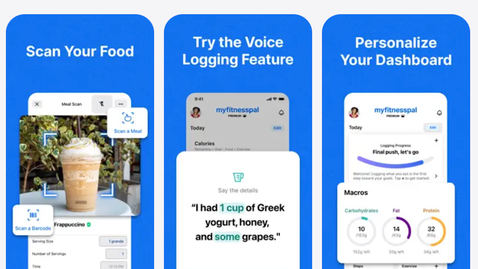 3 screenshots of the MyFitnessPal app