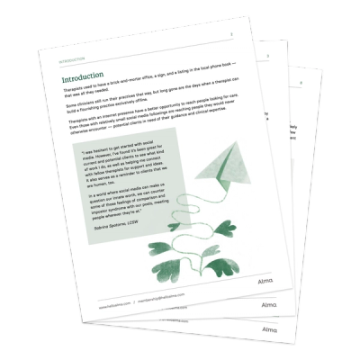 Introduction page from Alma's "Build Your Presence Online" mental health clinician guide.