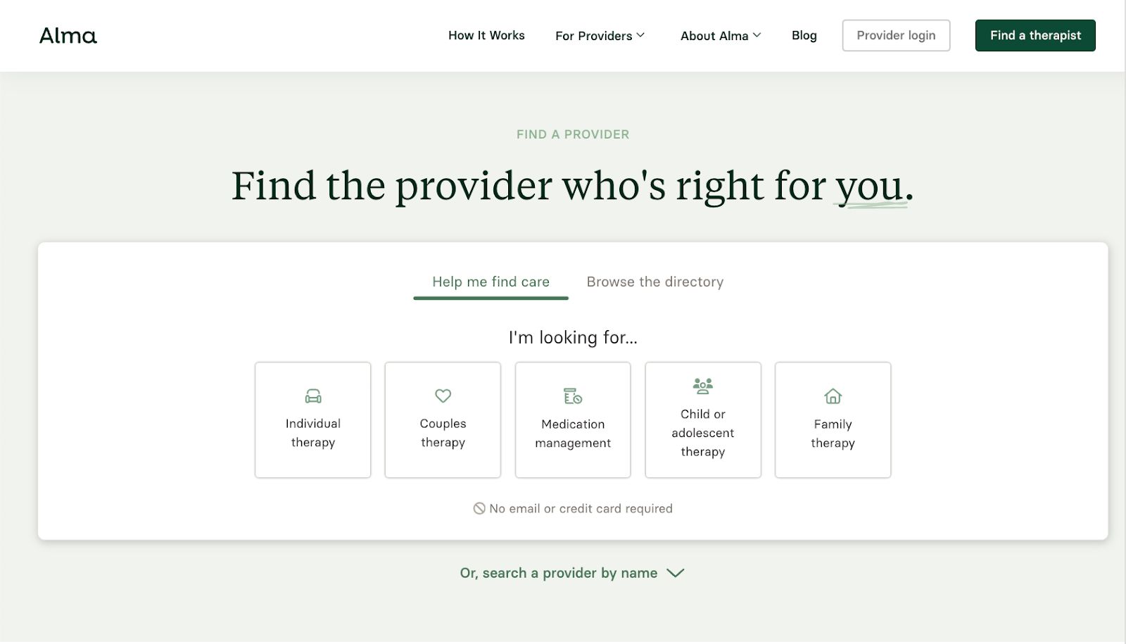 Alma online therapy platform "Find the provider who's right for you."
