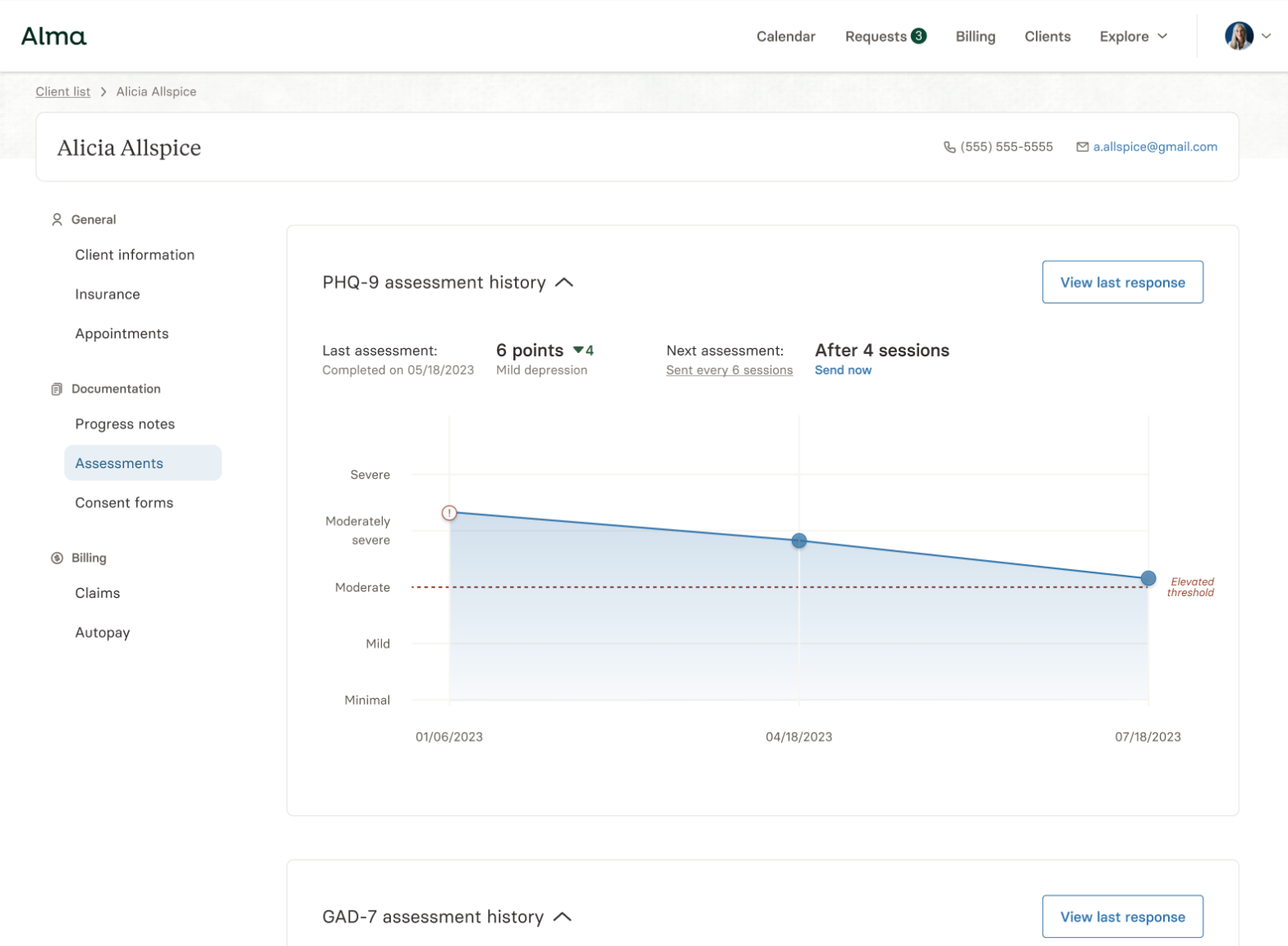 A snapshot of Alma's clinician tools, highlighting a patients PHQ-9 scores over time