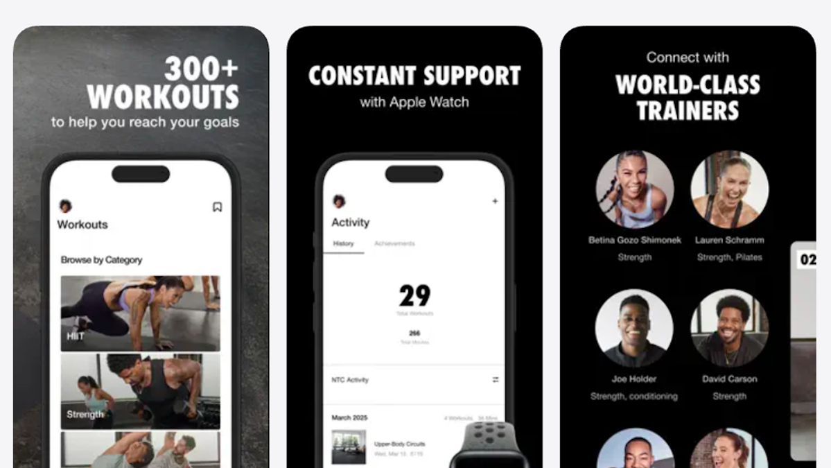 3 screenshots from the Nike Training Club app