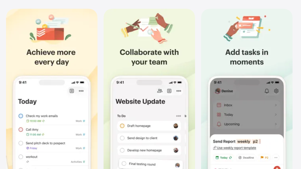 3 screenshots from the Todoist app