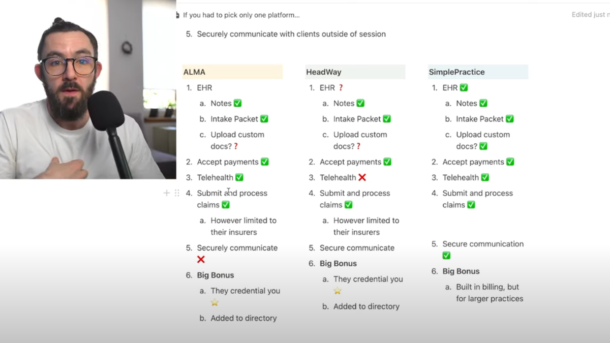 A screenshot from Matthew's video, outlining the checklist he describes when comparing Alma, Headway, and SimplePractice.