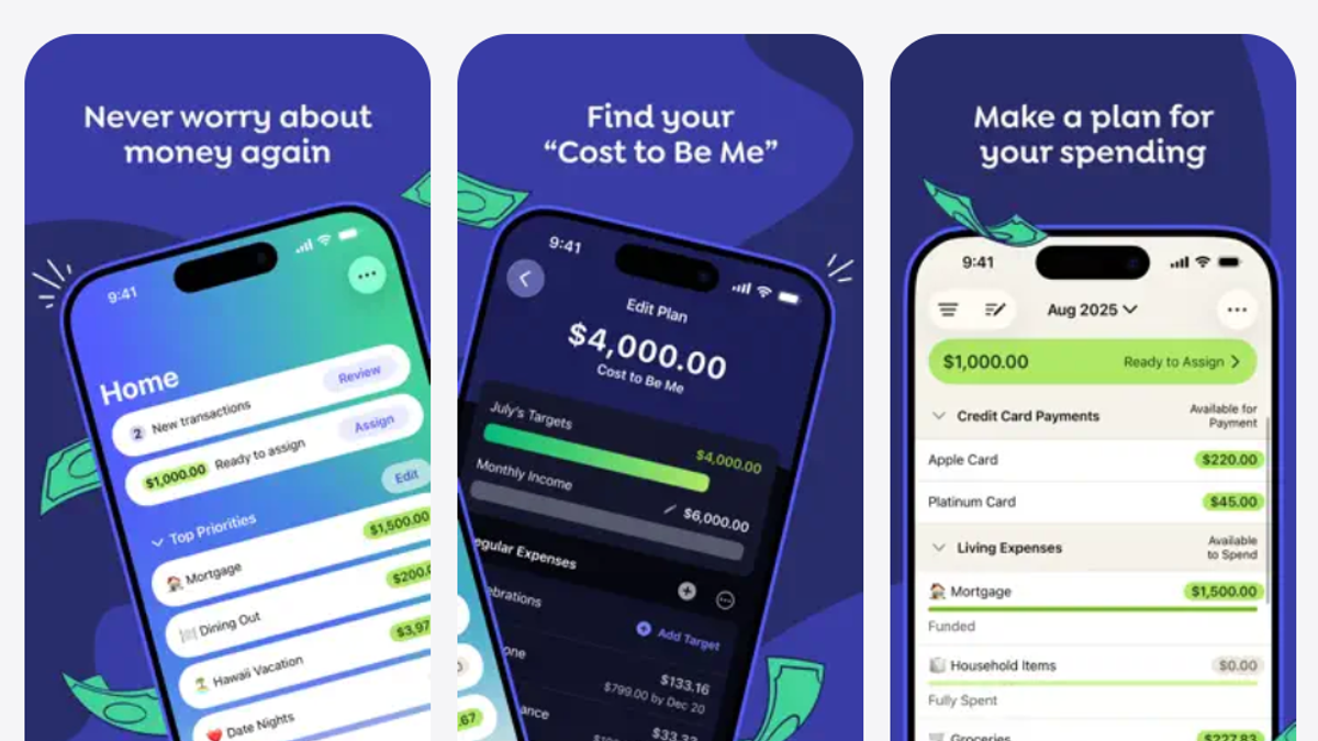 3 screenshots from the YNAB app