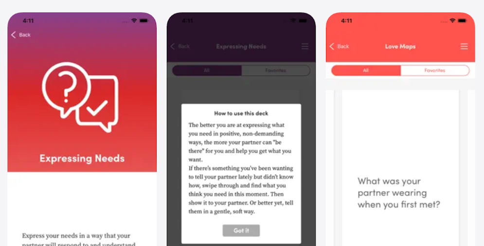 3 screenshots from Gottman Deck Cards app