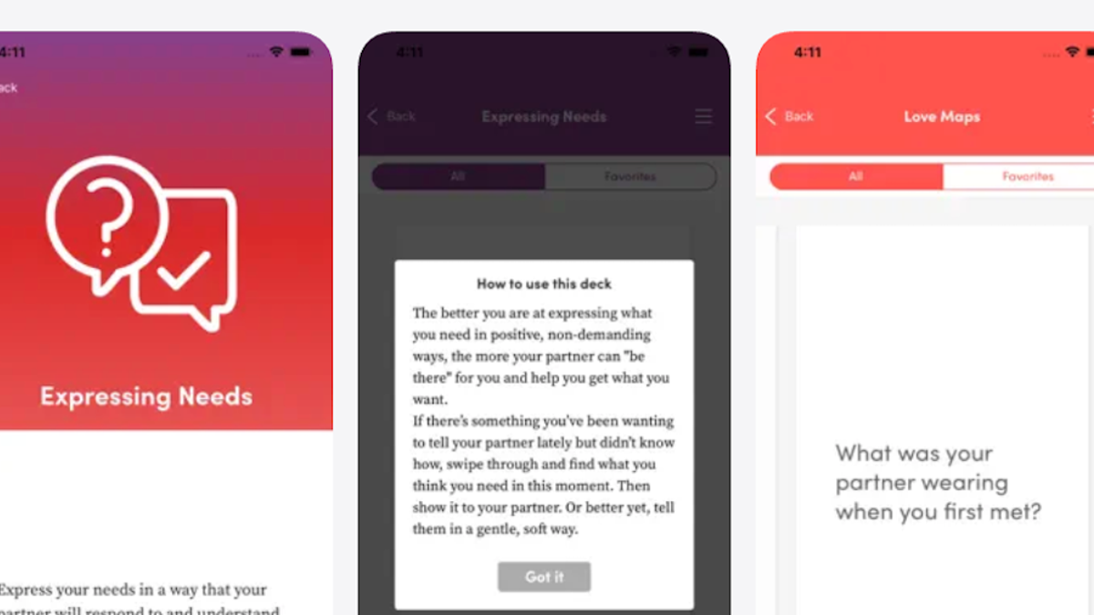 3 screenshots from Gottman Deck Cards app