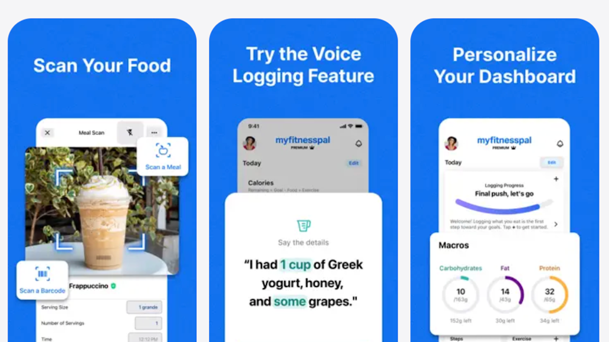 3 screenshots of the MyFitnessPal app