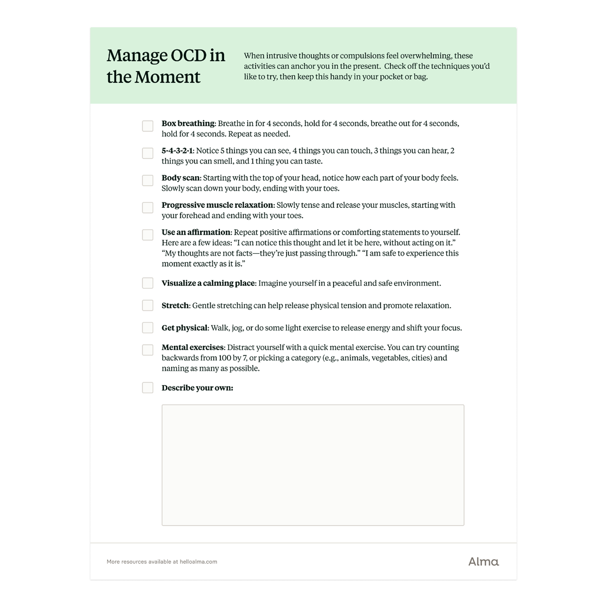 Manage OCD symptons worksheet
