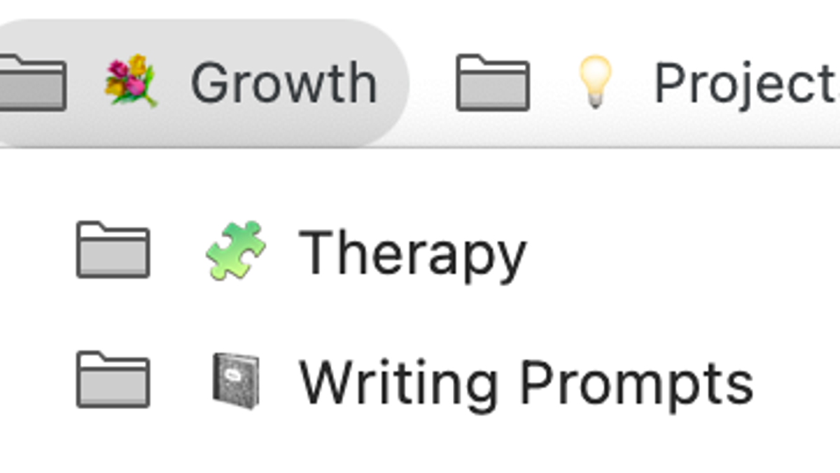 A screenshot of a bookmark folder labelled with a flower emoji and the word "Growth." Under that tab are two additional folders, with one labelled "Therapy" with a puzzle piece symbol, and another labelled "Writing Prompts" with a notebook emoji.