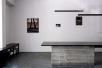 Installation view, Justus Lemm, "Burnt Trees After Wildfire", 2023 / Nikos Papangelis, "Daedalus (Against Walls)", 2023 / Lilika Strezoska, “Tiptoeing through the Layers of Self”, 2023. © Der Greif Studio | DER GREIF