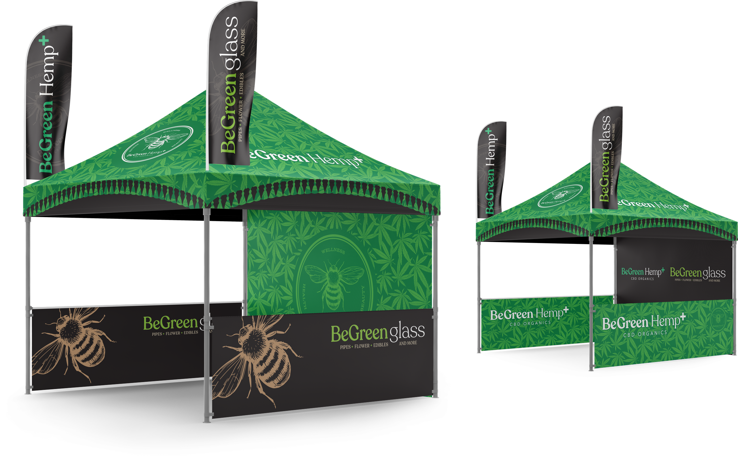 Two BeGreen event tent setups — hemp-leaf canopies, bee-engraved side panels and feather flags for Hemp+ and Glass.