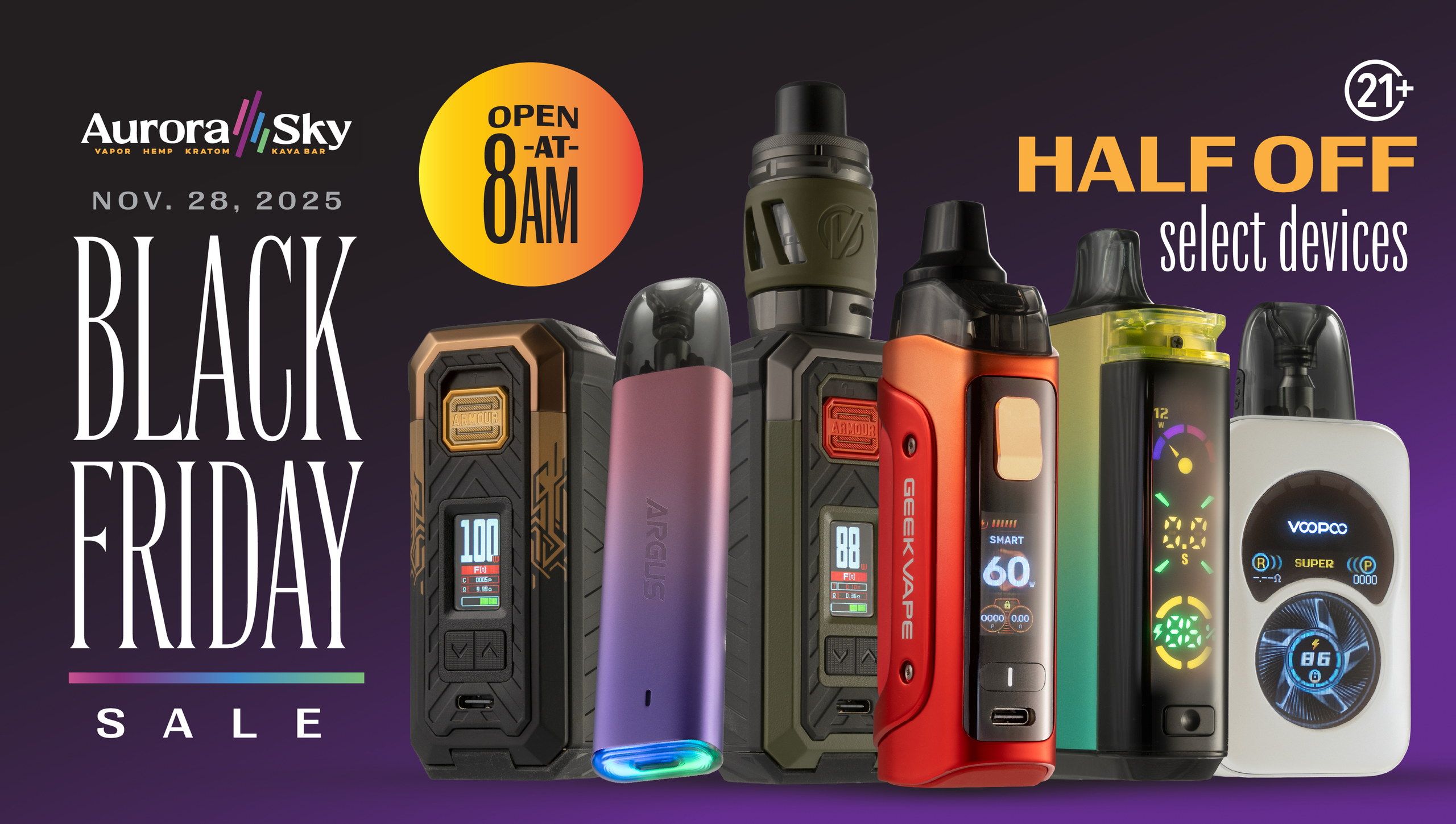 Aurora Sky Black Friday sale banner — half off select devices, a row of mods and pods across a purple gradient.