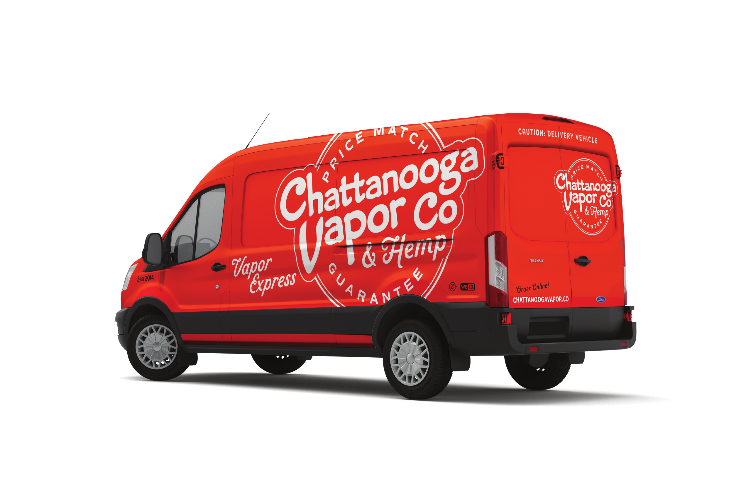 A Chattanooga Vapor Co. & Hemp delivery van in red livery, the price-match seal and Vapor Express lettering along its side.