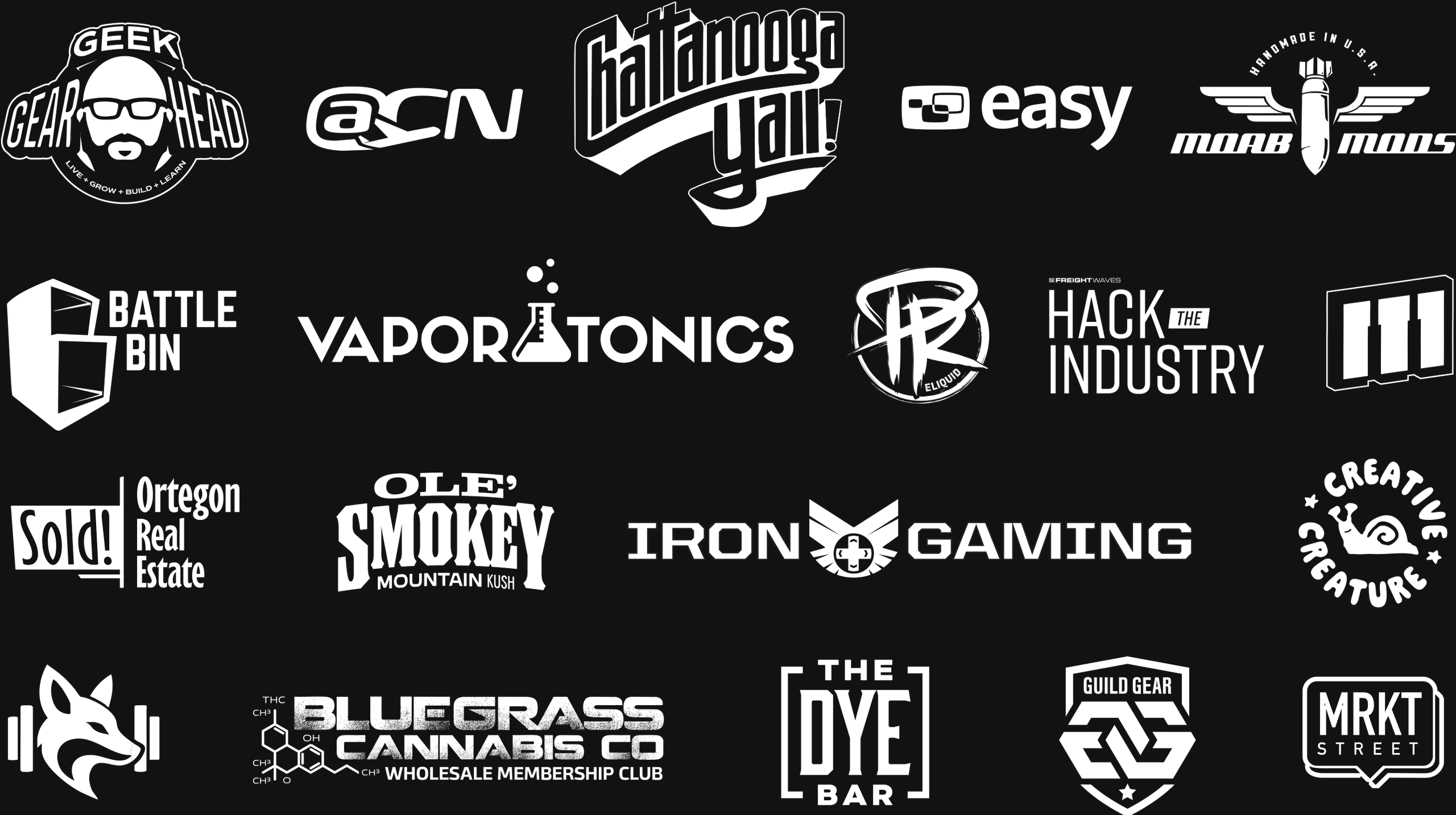 Nineteen client logos and wordmarks set in four rows, drawn in white on a black ground.
