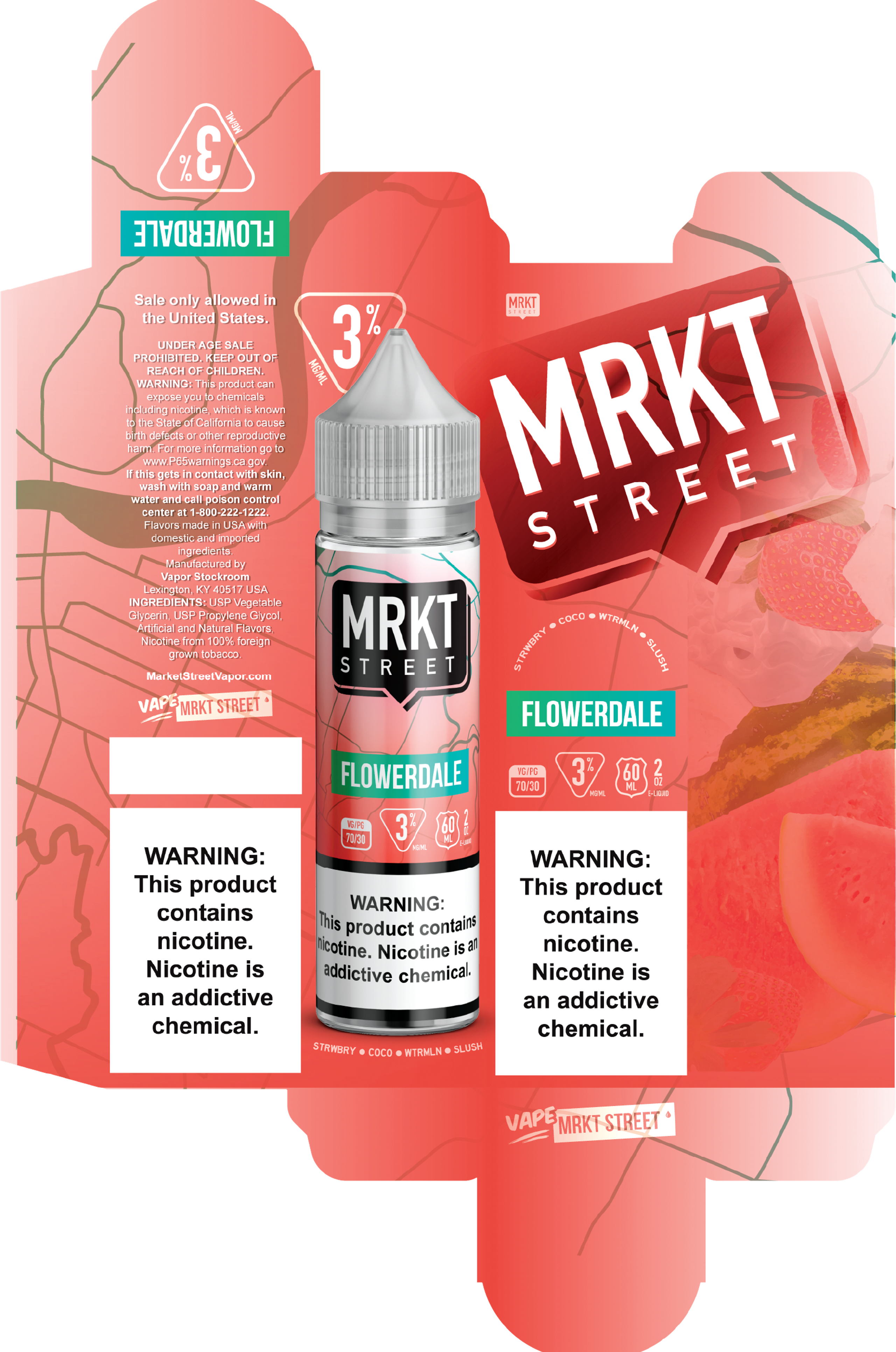 MRKT Street Flowerdale e-liquid carton dieline, flat — watermelon field, nicotine warning panels and a bottle render.