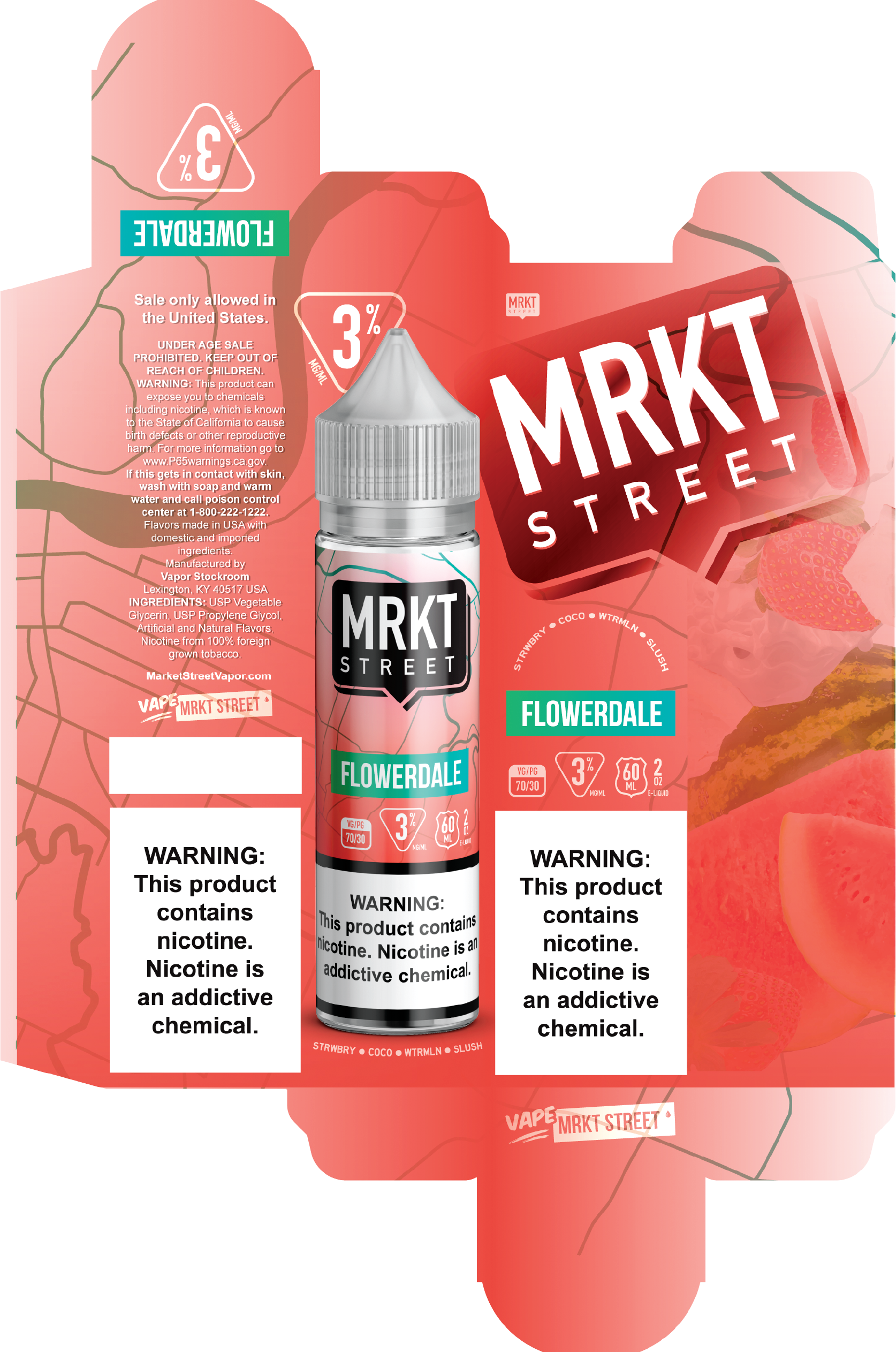MRKT Street Flowerdale e-liquid carton dieline, flat — watermelon field, nicotine warning panels and a bottle render.
