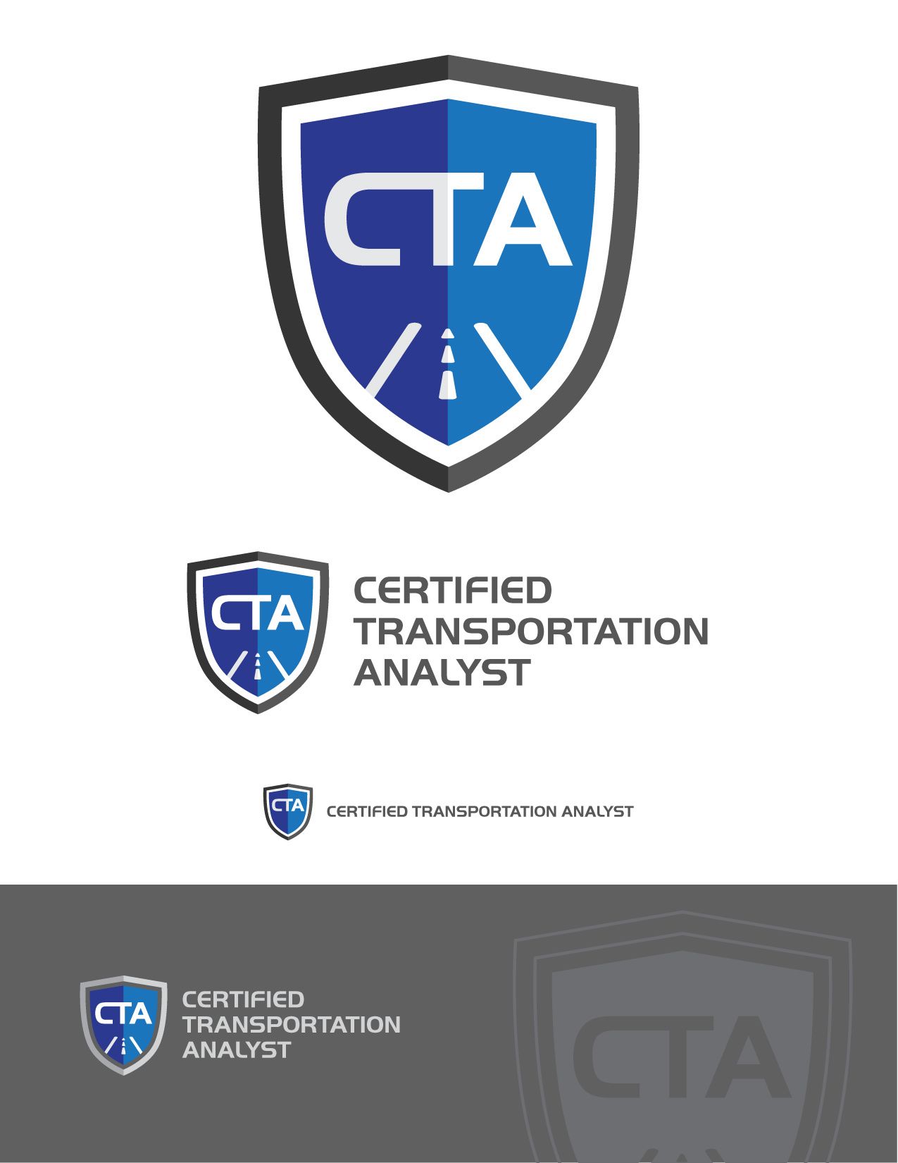 Certified Transportation Analyst badge sheet — CTA shield lockups on white and gray