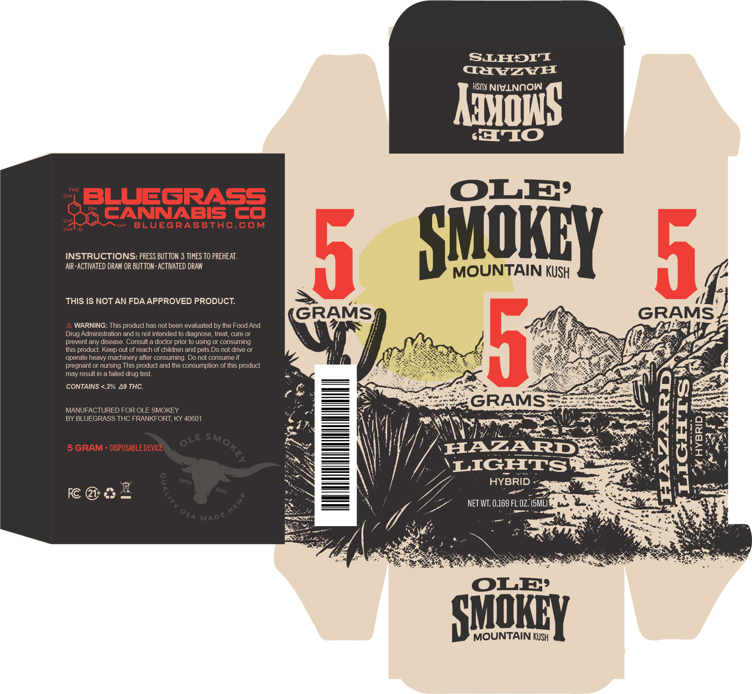 Ole' Smokey Mountain Kush five-gram carton dieline, Hazard Lights hybrid — red numerals over an engraved desert scene.