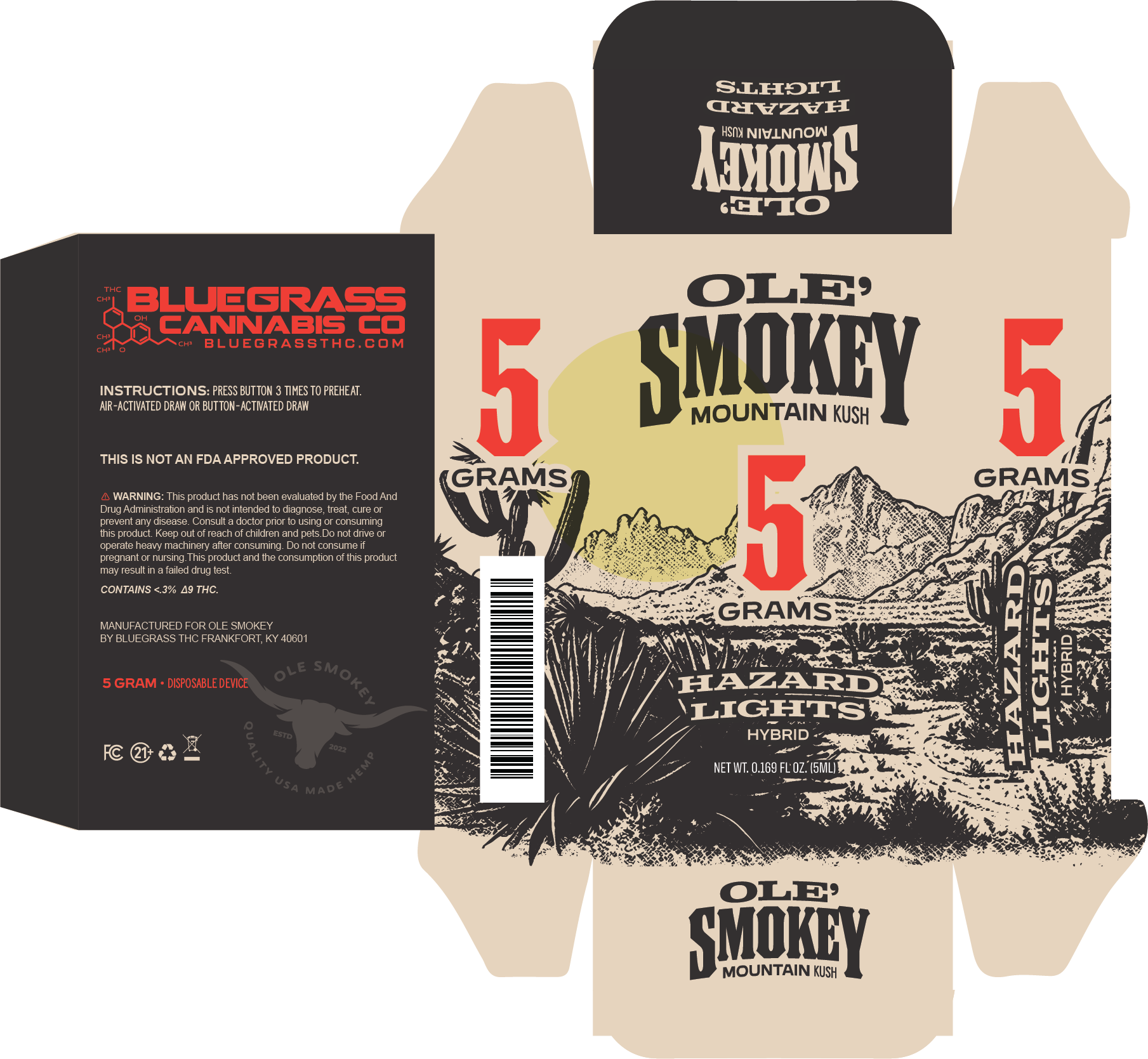Ole' Smokey Mountain Kush five-gram carton dieline, Hazard Lights hybrid — red numerals over an engraved desert scene.