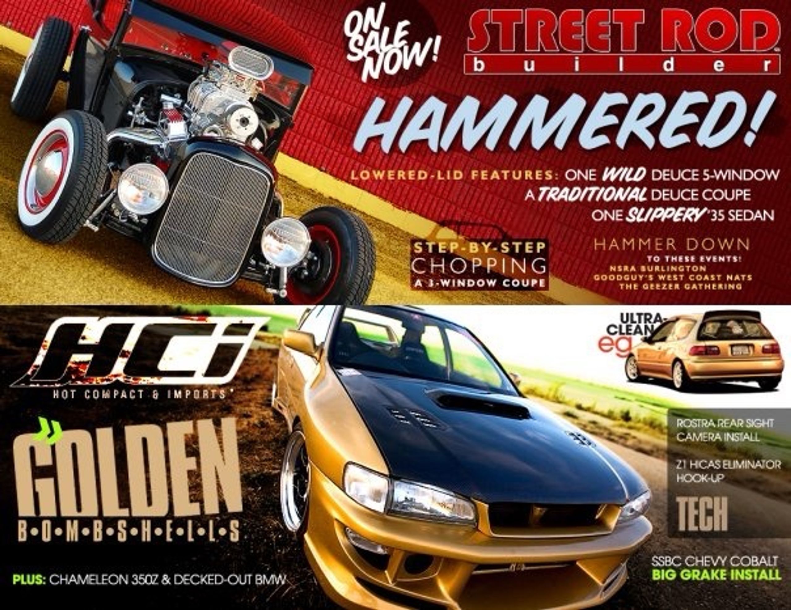 Street Rod Builder and Hot Compact & Imports magazine covers, stacked