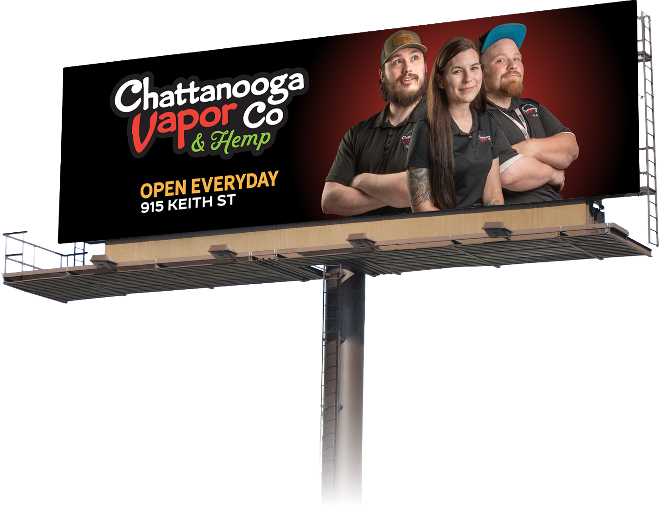 Billboard mockup — the three staff portraits set beside the Chattanooga Vapor Co. & Hemp lockup