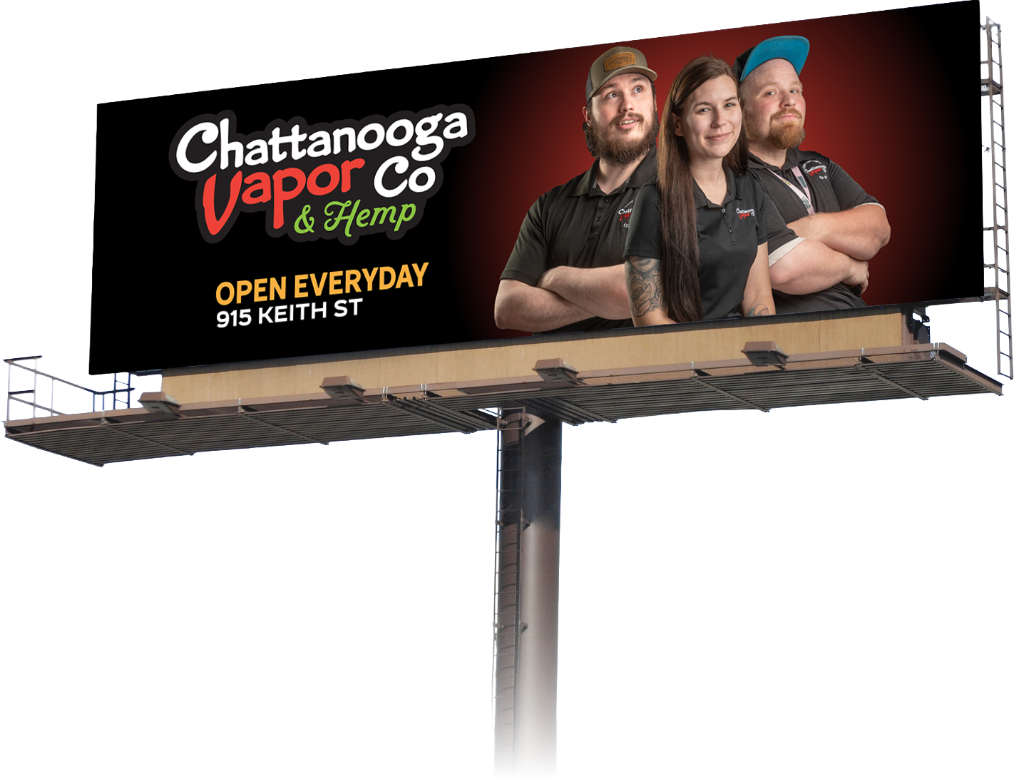 Billboard mockup — the three staff portraits set beside the Chattanooga Vapor Co. & Hemp lockup