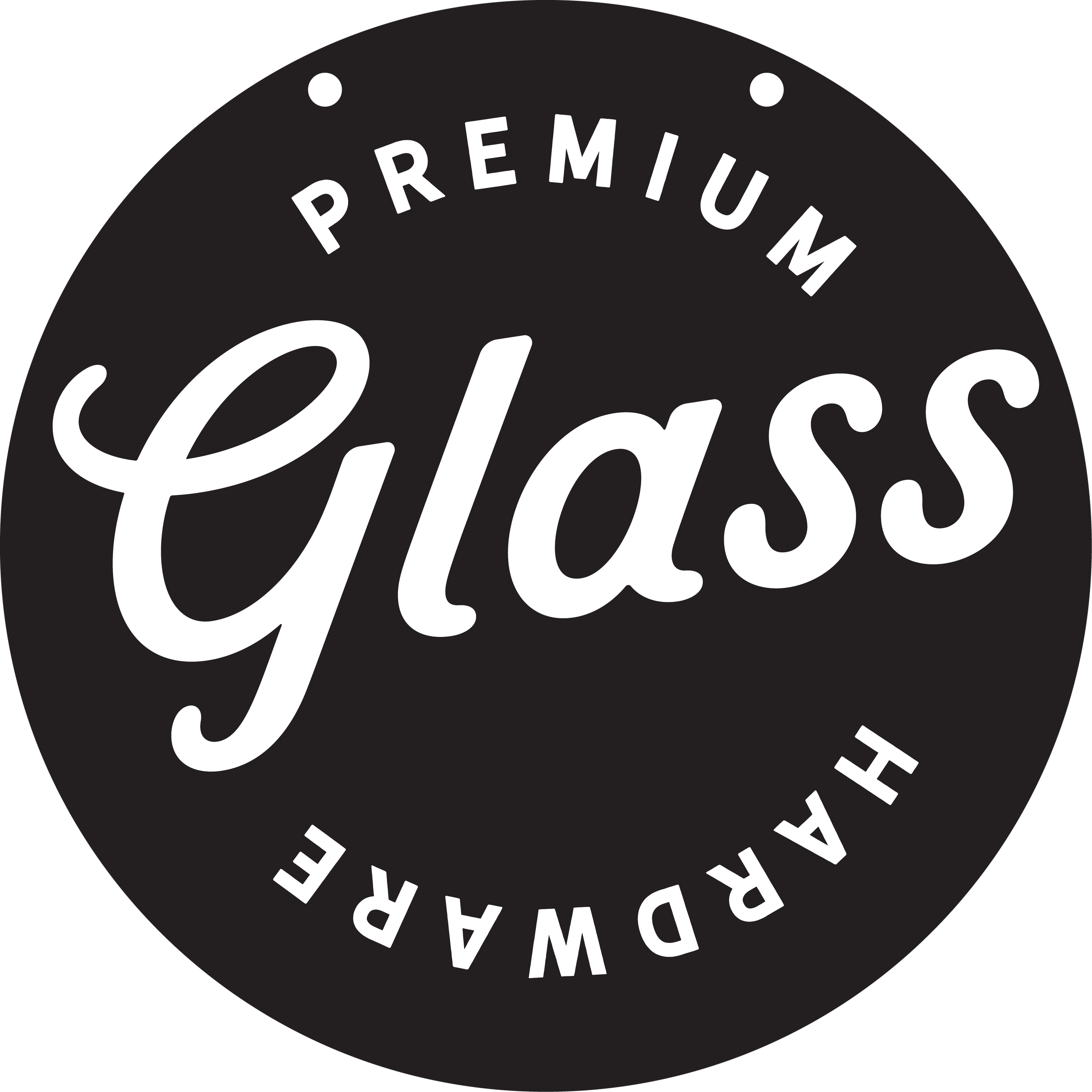 Premium Glass Hardware shelf tag — script lettering ringed by type on a black disc.