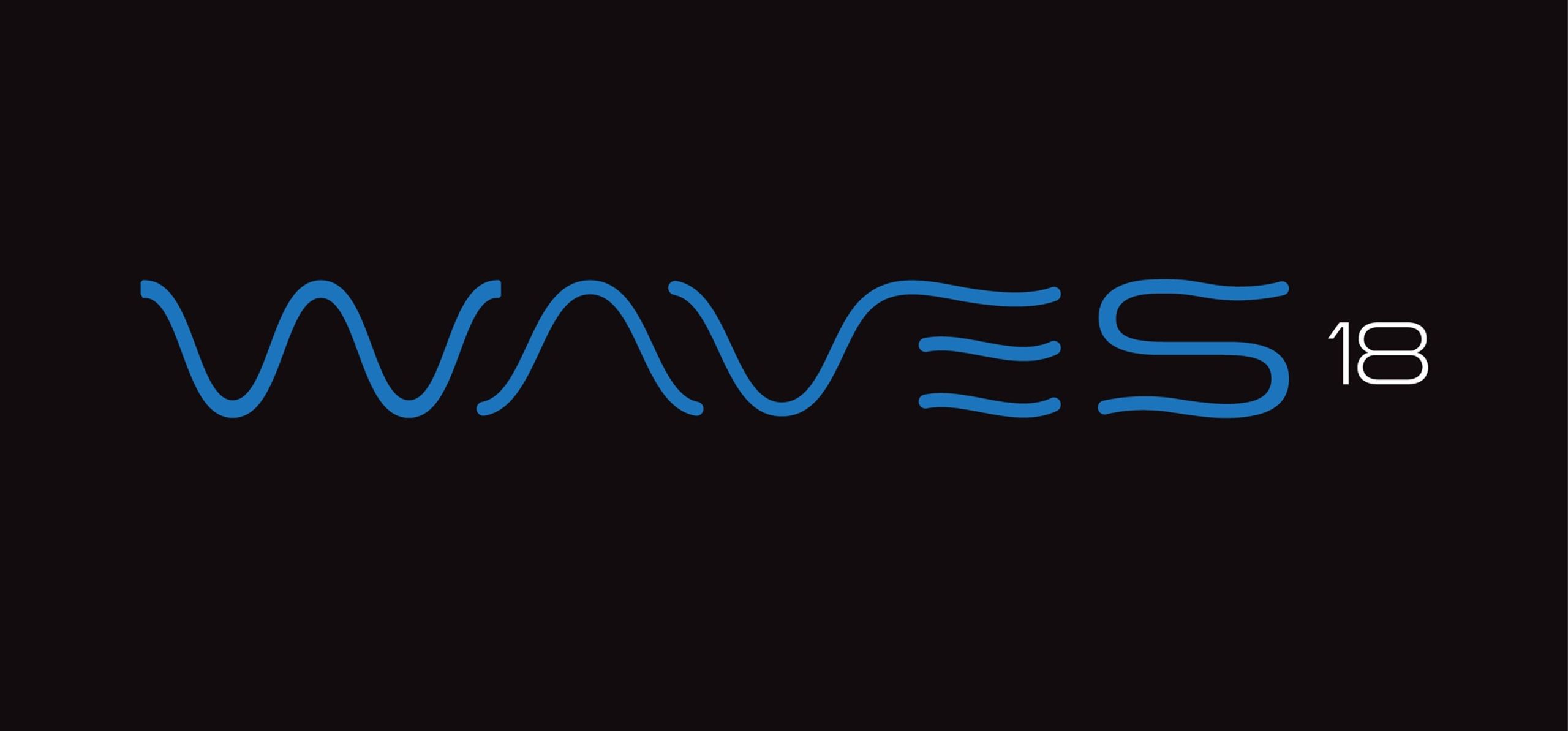 Waves18 conference logotype — wave-drawn letterforms in blue on black