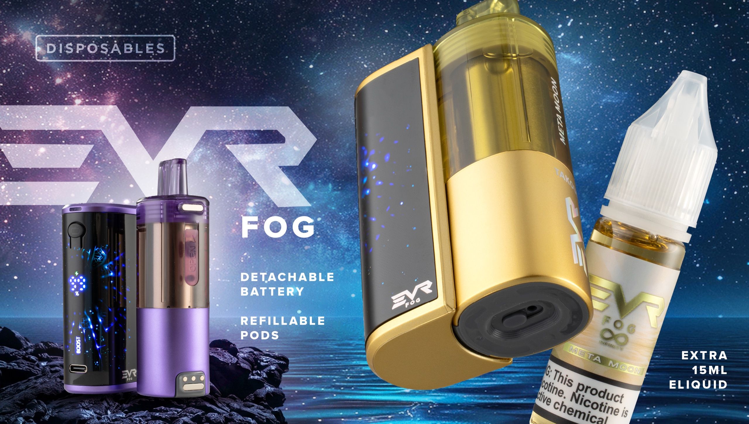 EYR Fog slide — gold device, pods, and e-liquid bottle on a night-sky ground