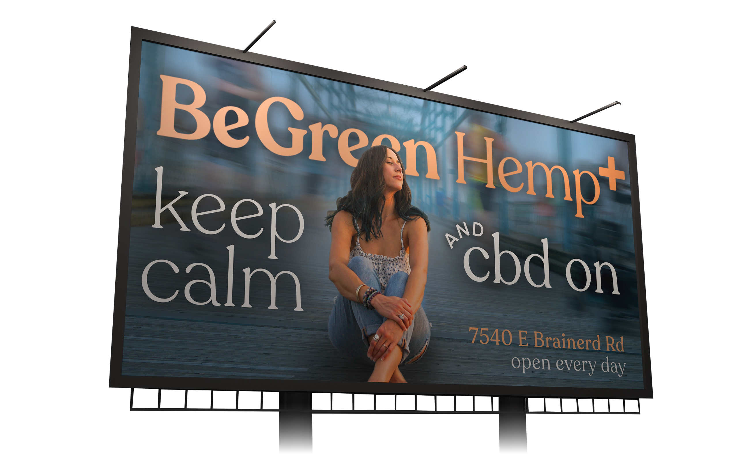 BeGreen Hemp+ billboard mockup — “keep calm and cbd on” beside a seated portrait