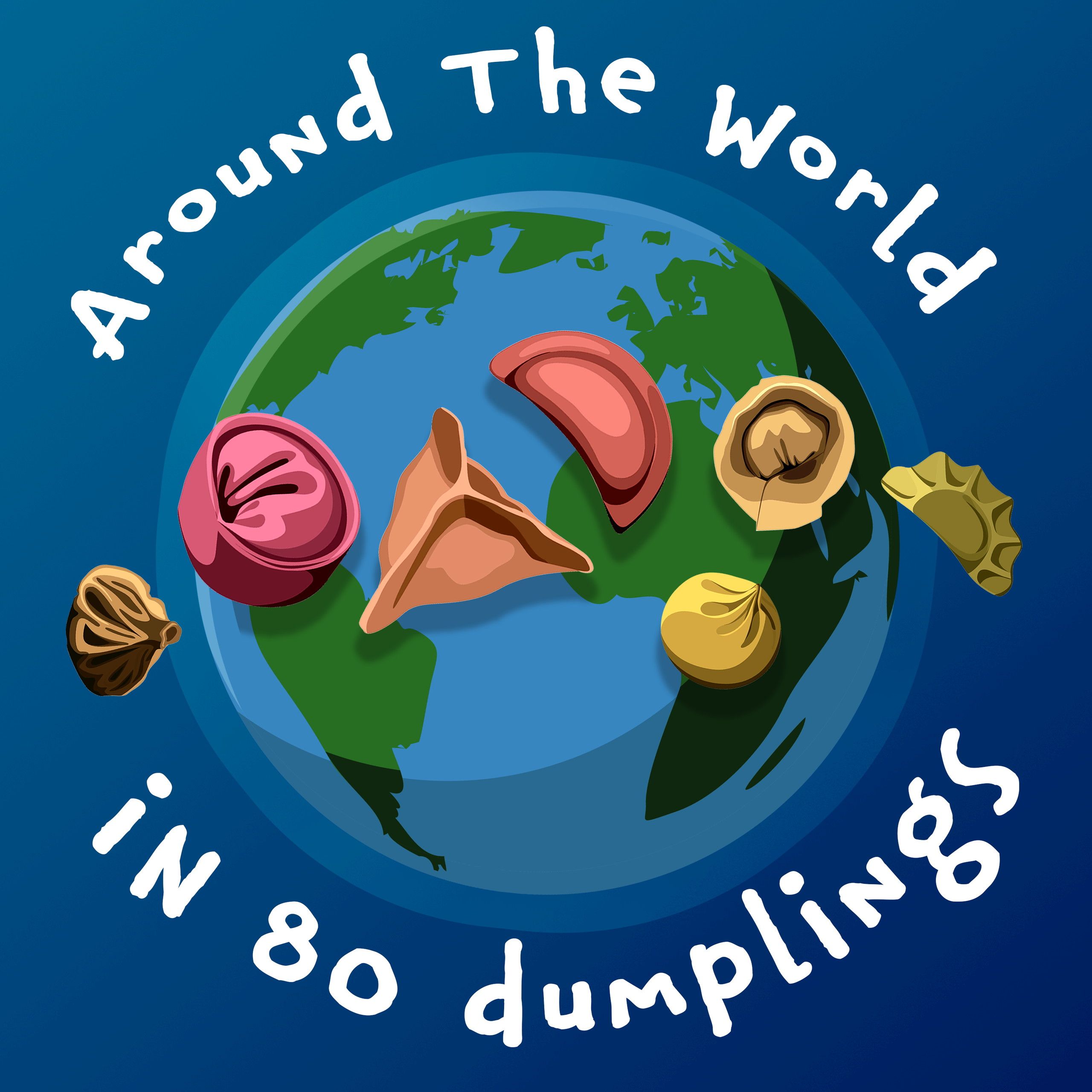 Around The World in 80 Dumplings badge — dumplings circling a globe inside a blue square.