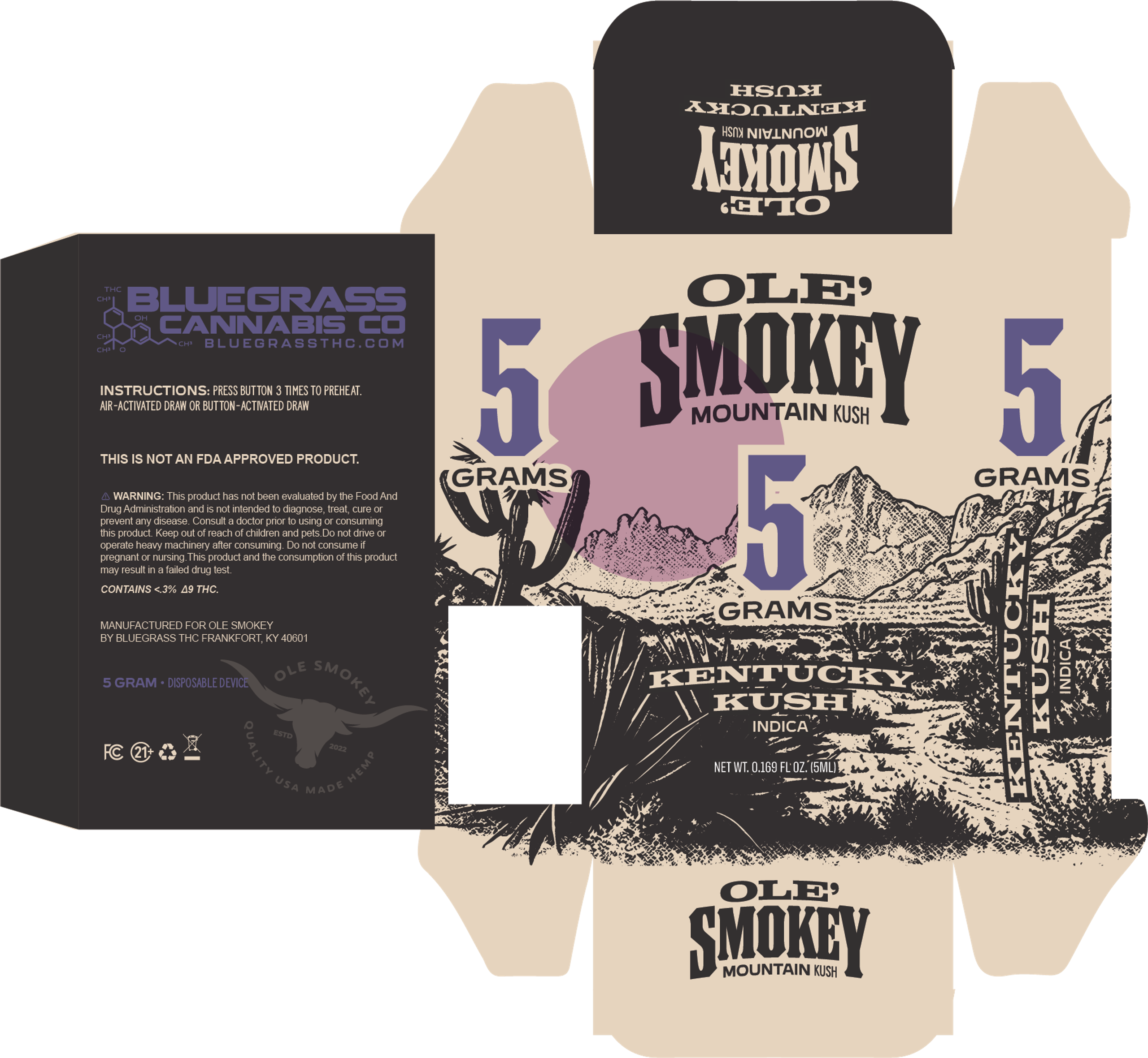 Ole' Smokey Mountain Kush five-gram carton dieline, Kentucky Kush indica — violet numerals over an engraved desert scene.