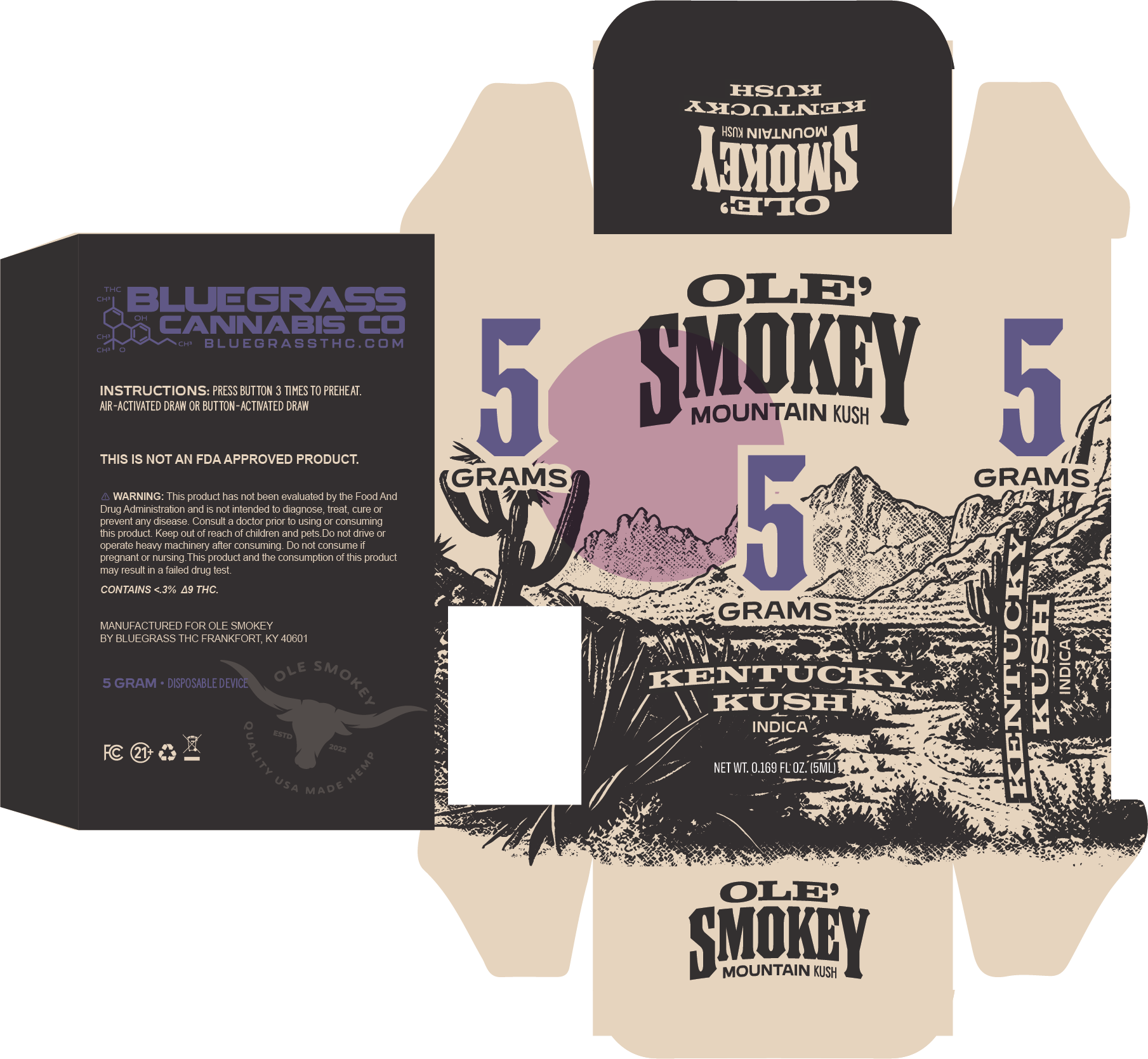 Ole' Smokey Mountain Kush five-gram carton dieline, Kentucky Kush indica — violet numerals over an engraved desert scene.