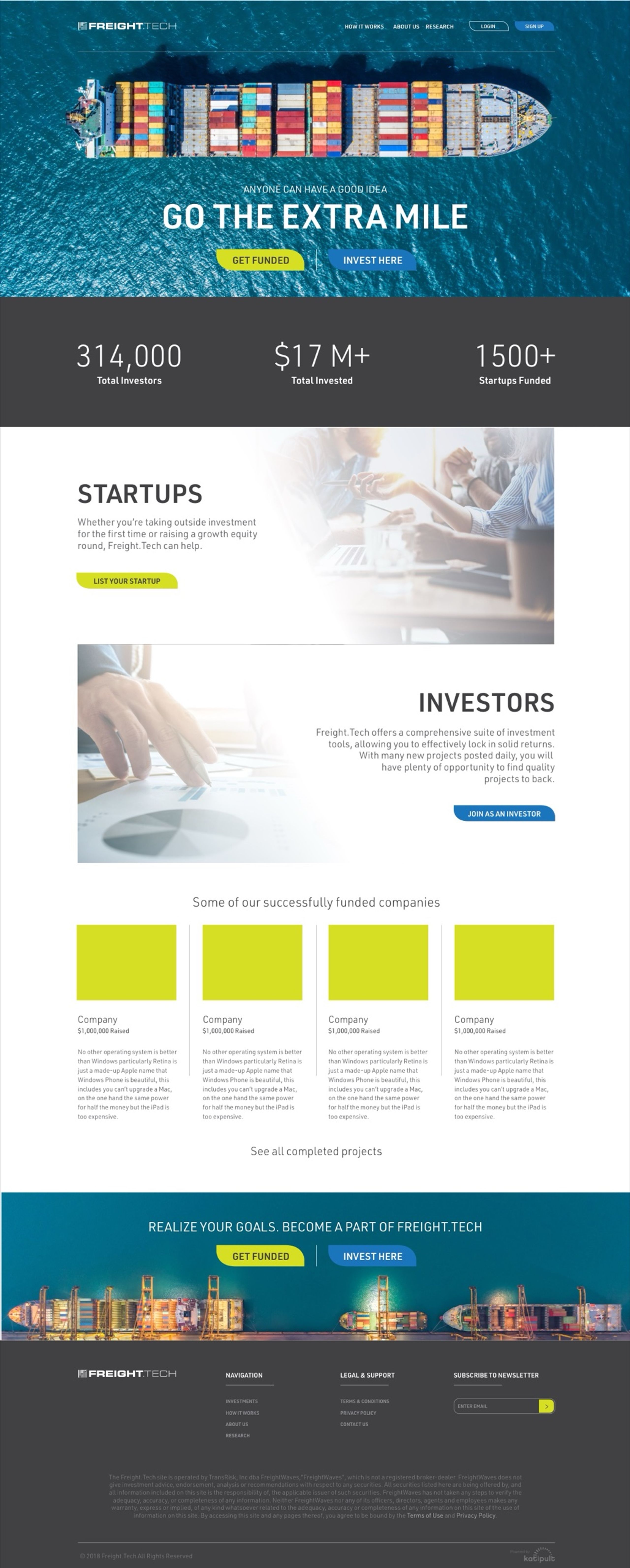 Freight.Tech crowdfunding site concept — full landing page over a container-ship hero