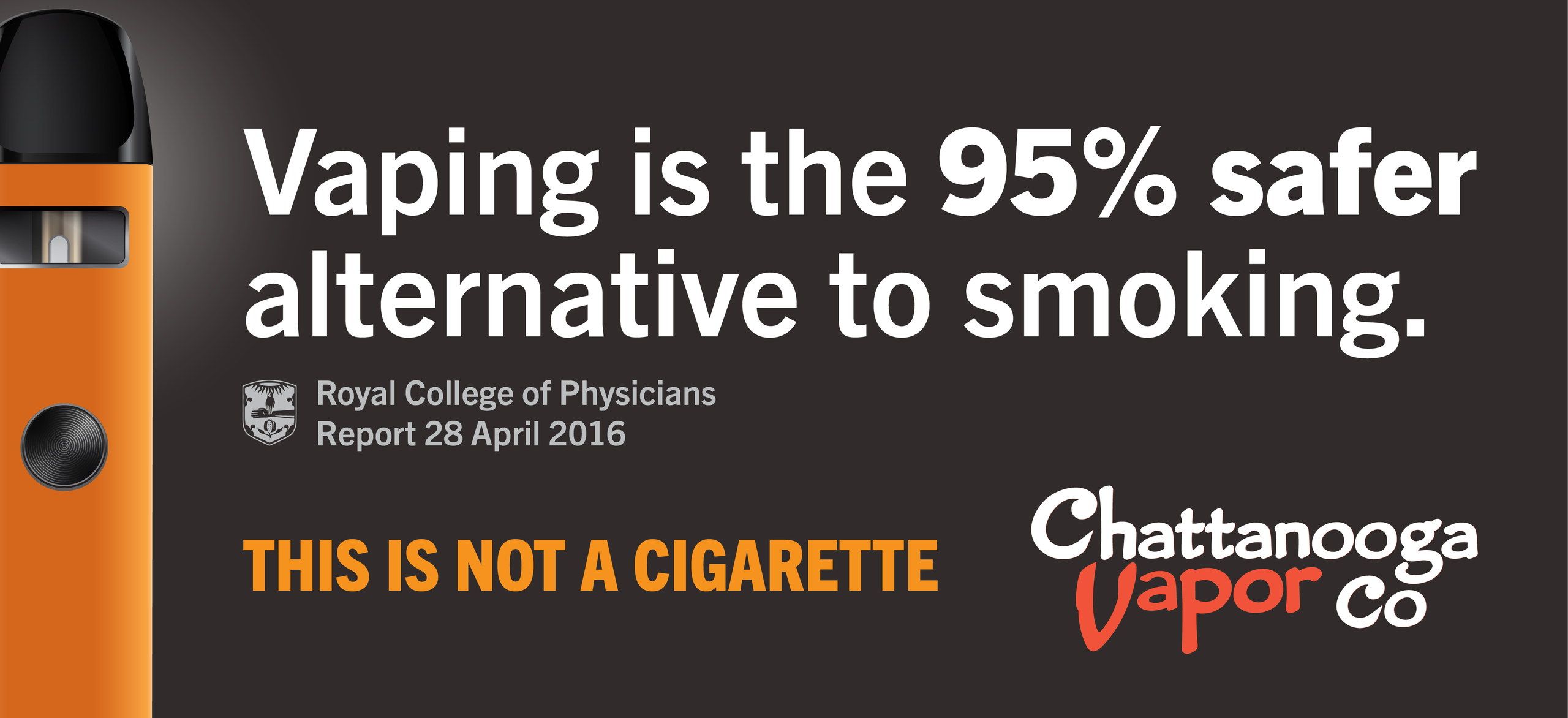 In-store screen reading “Vaping is the 95% safer alternative to smoking”, cited to a Royal College of Physicians report, beside an orange pod device.