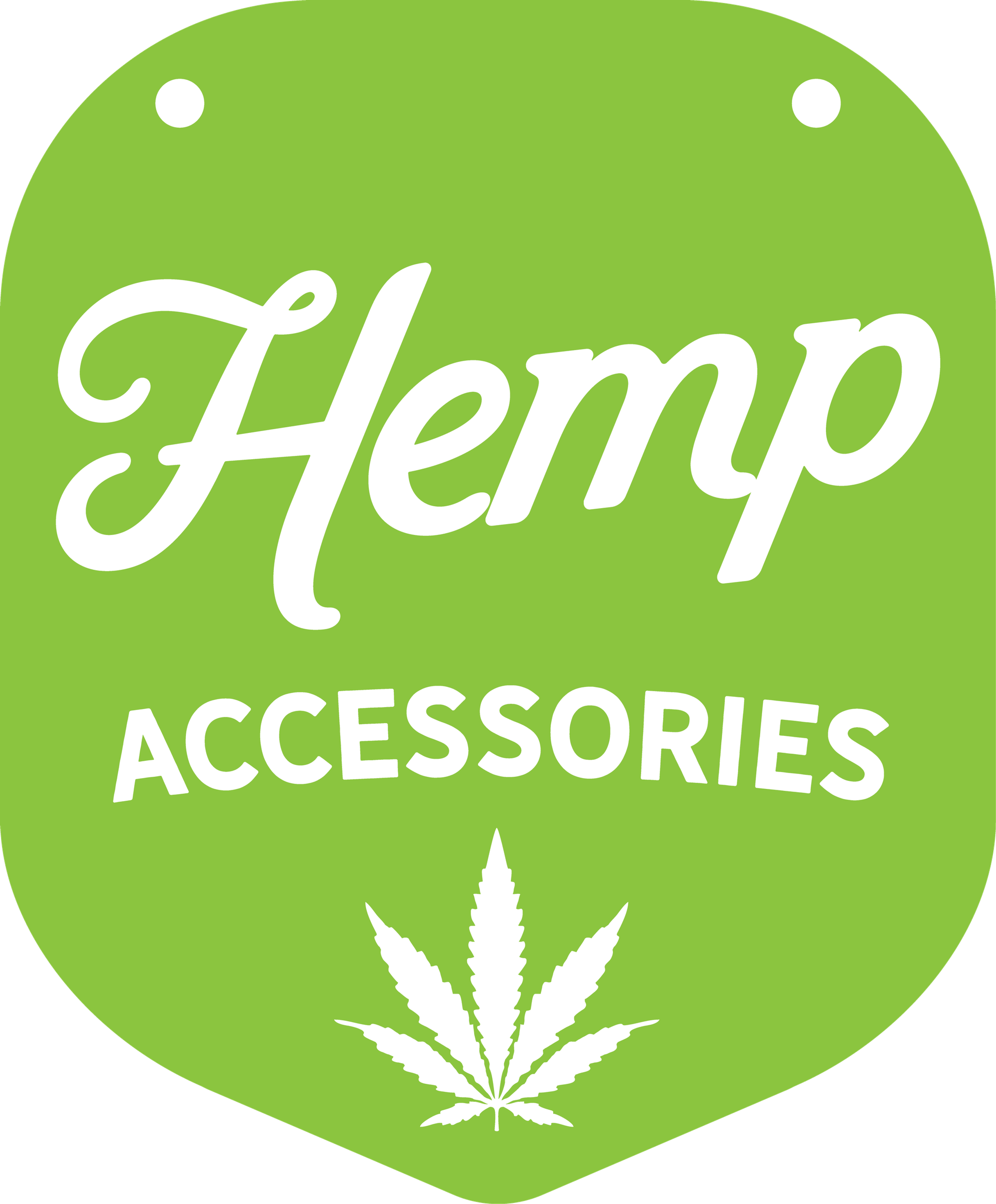 Hemp Accessories shelf tag — script lettering and a hemp leaf on a green die-cut shape.