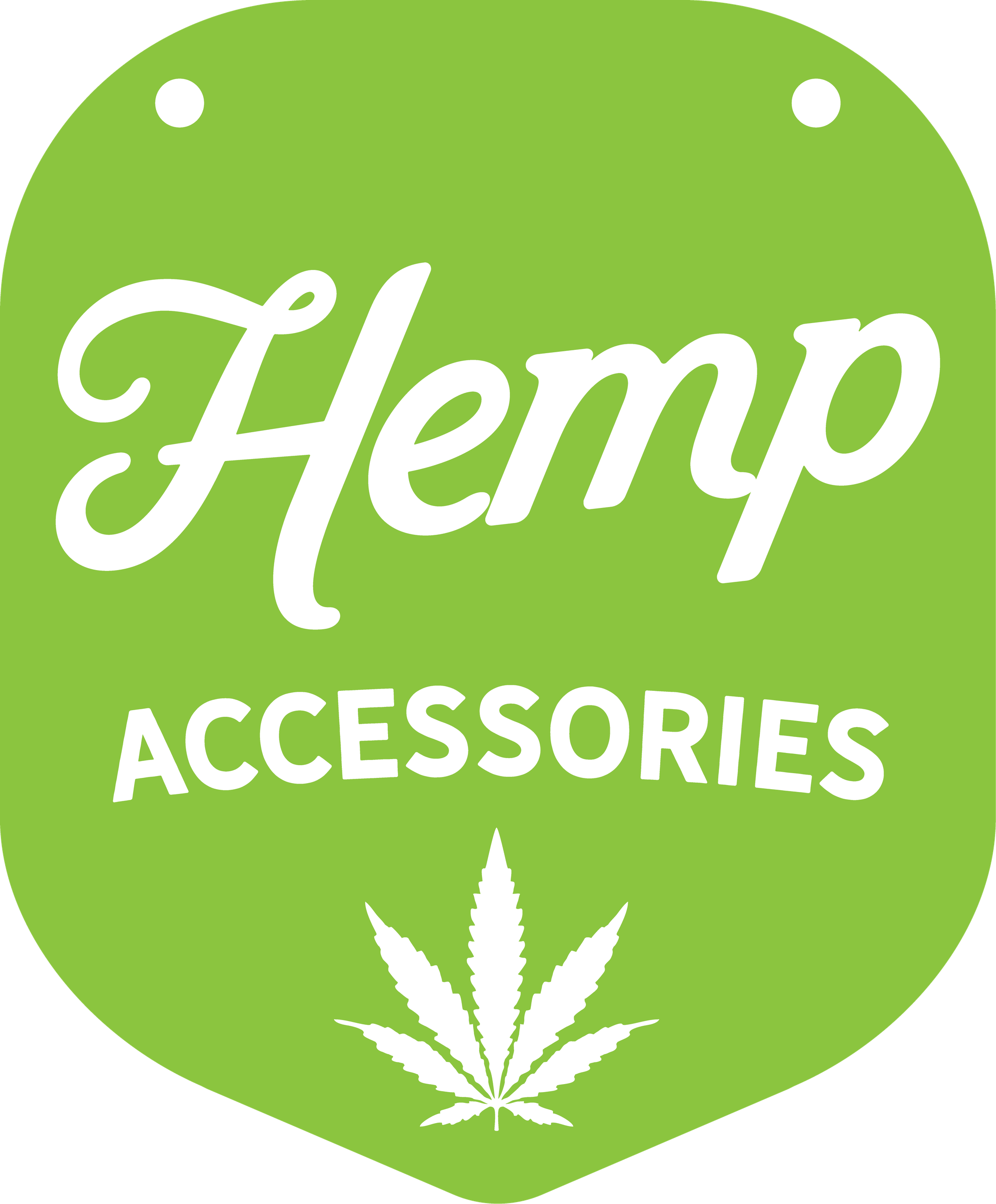 Hemp Accessories shelf tag — script lettering and a hemp leaf on a green die-cut shape.