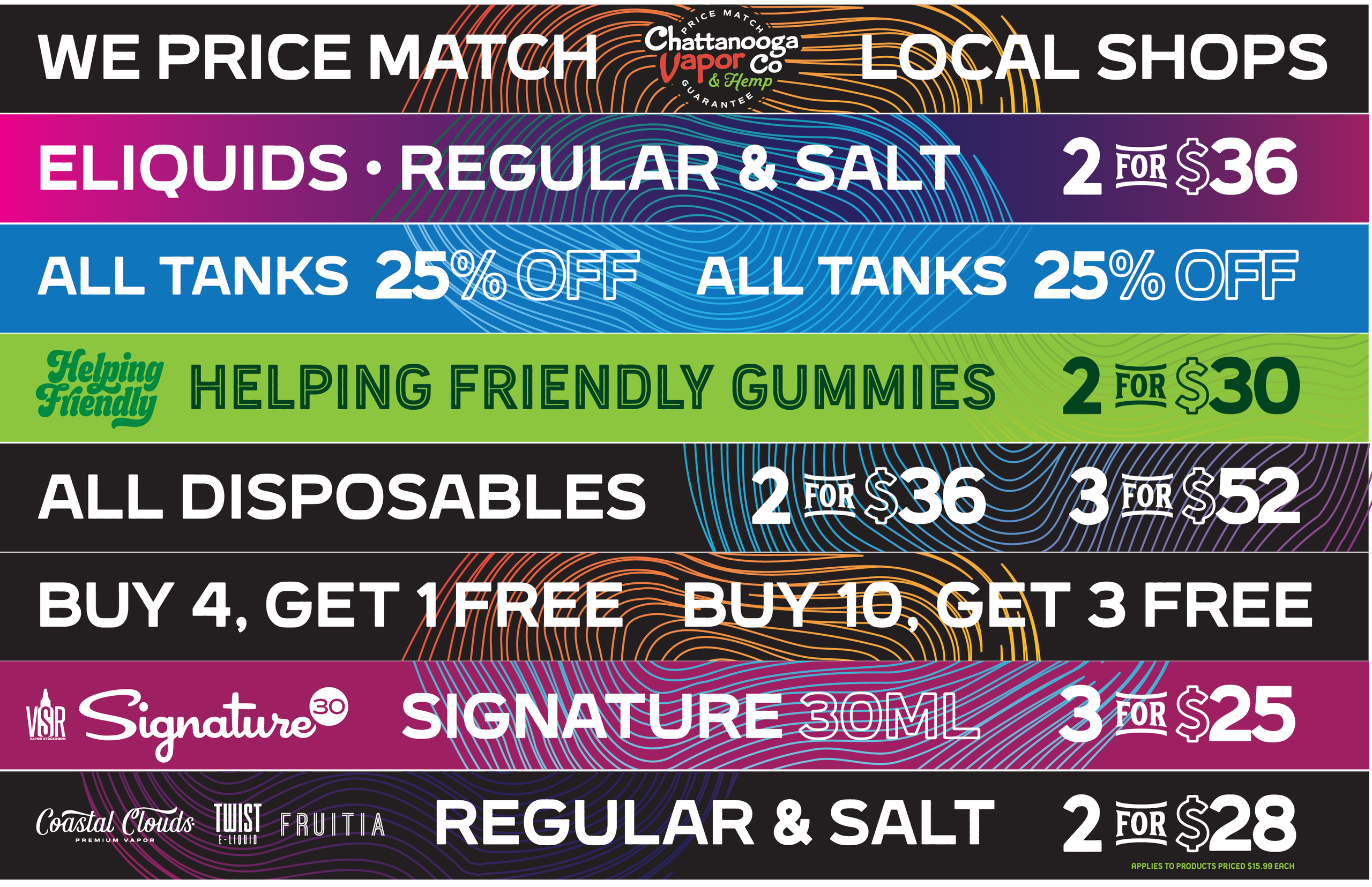 We Price Match Local Shops board — seven coloured deal bars listing eliquid, tank, gummy and disposable pricing over a topographic line pattern.