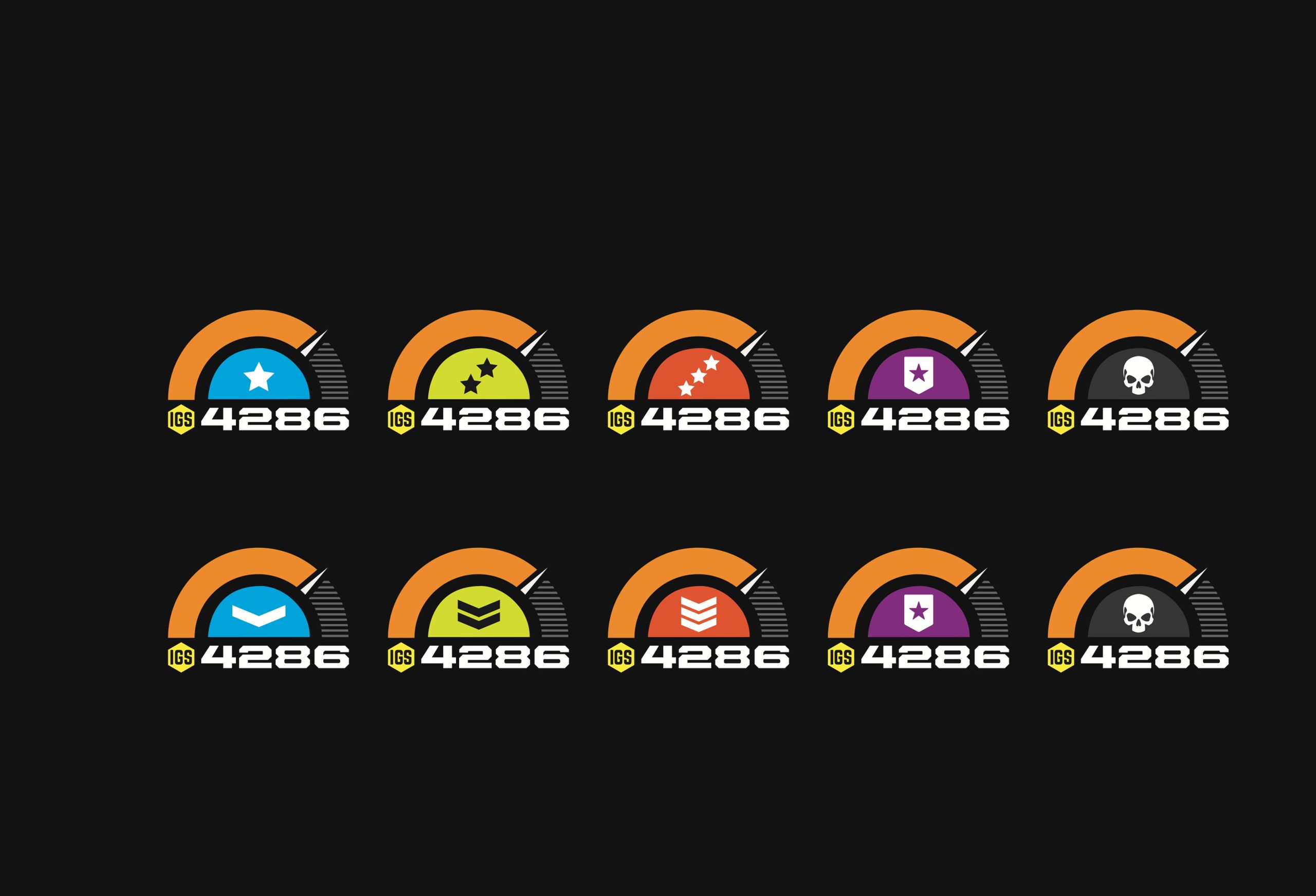 Ten Iron Gaming rank badges in two rows — orange gauge arcs over coloured rank shields, each reading IGS 4286.