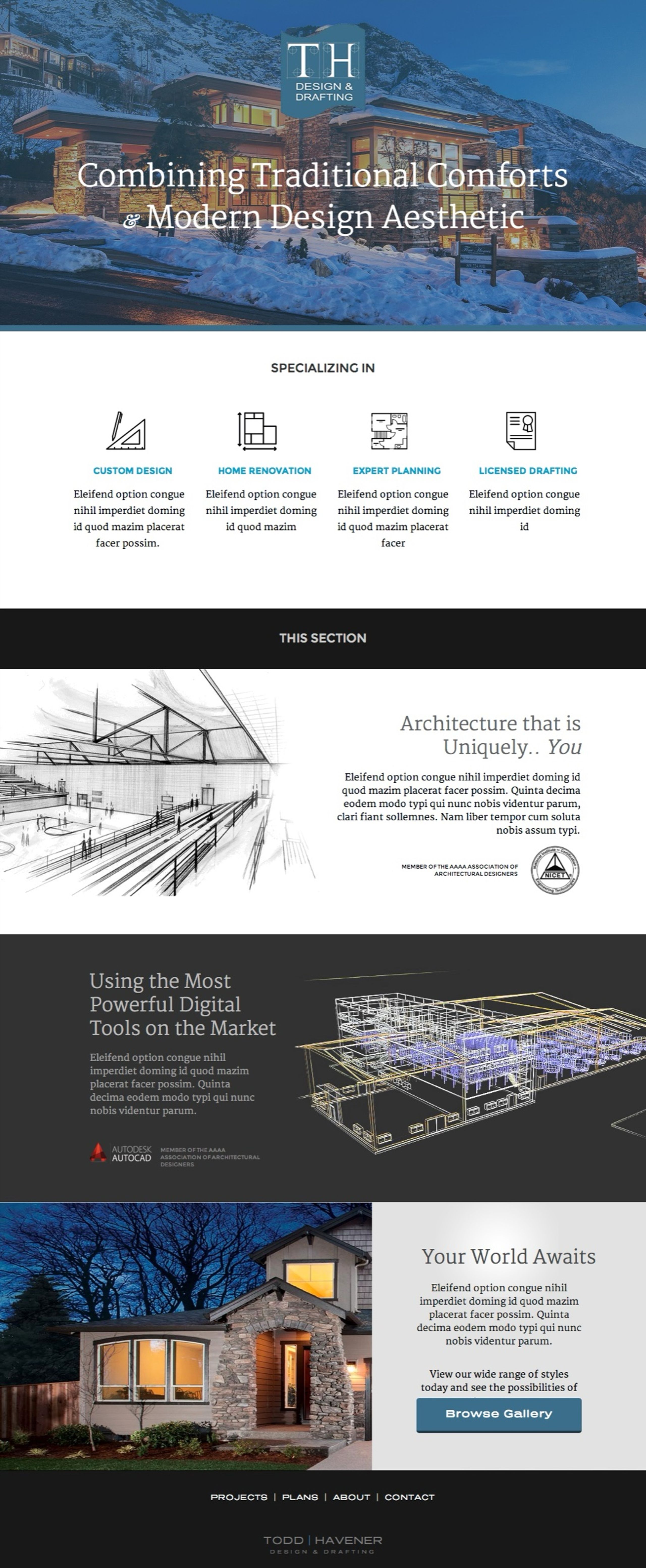 TH Design & Drafting website — architecture firm landing page with a snowy hillside hero