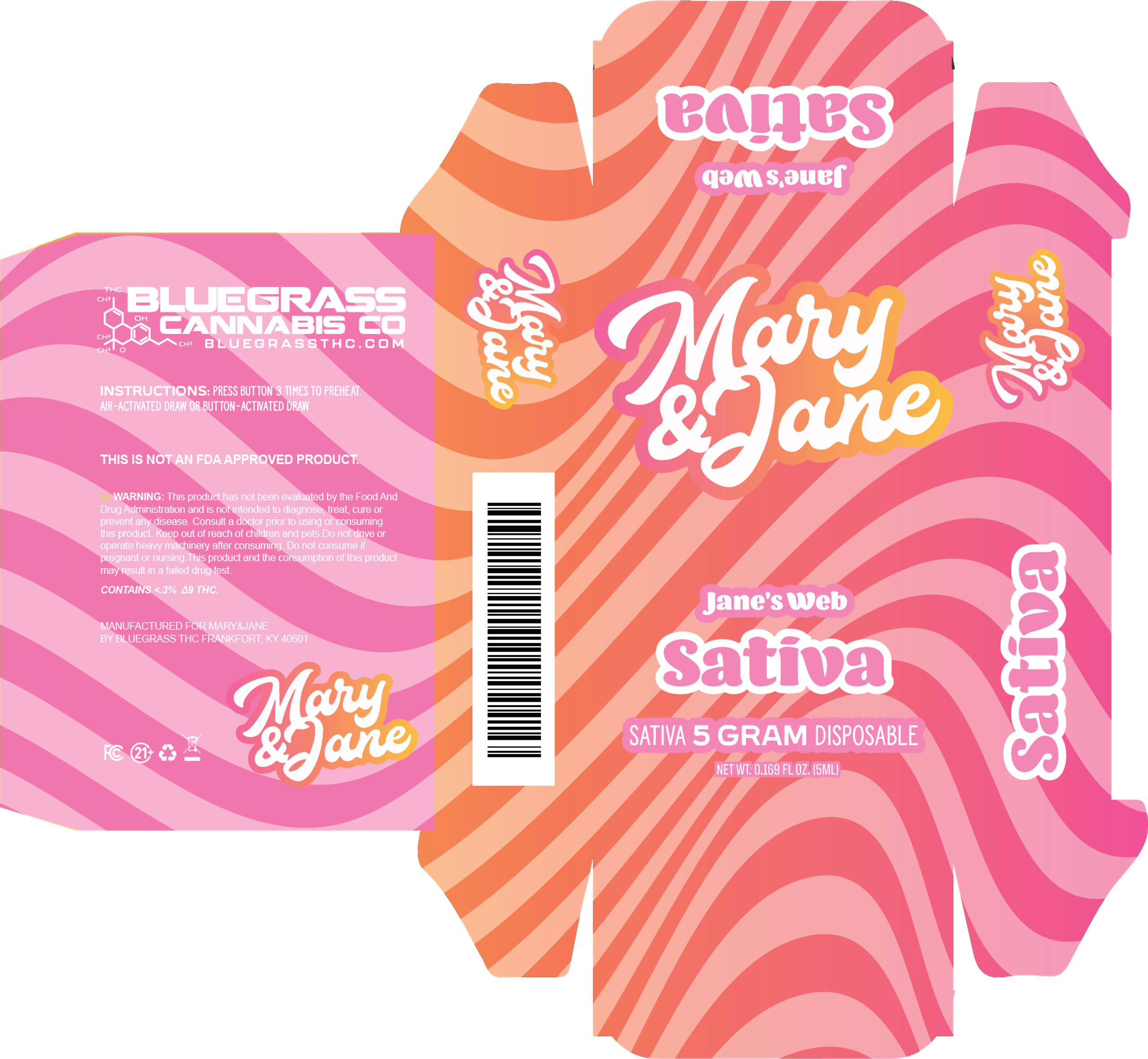 Mary & Jane five-gram disposable carton dieline, sativa — script logo over coral and pink wave bands.