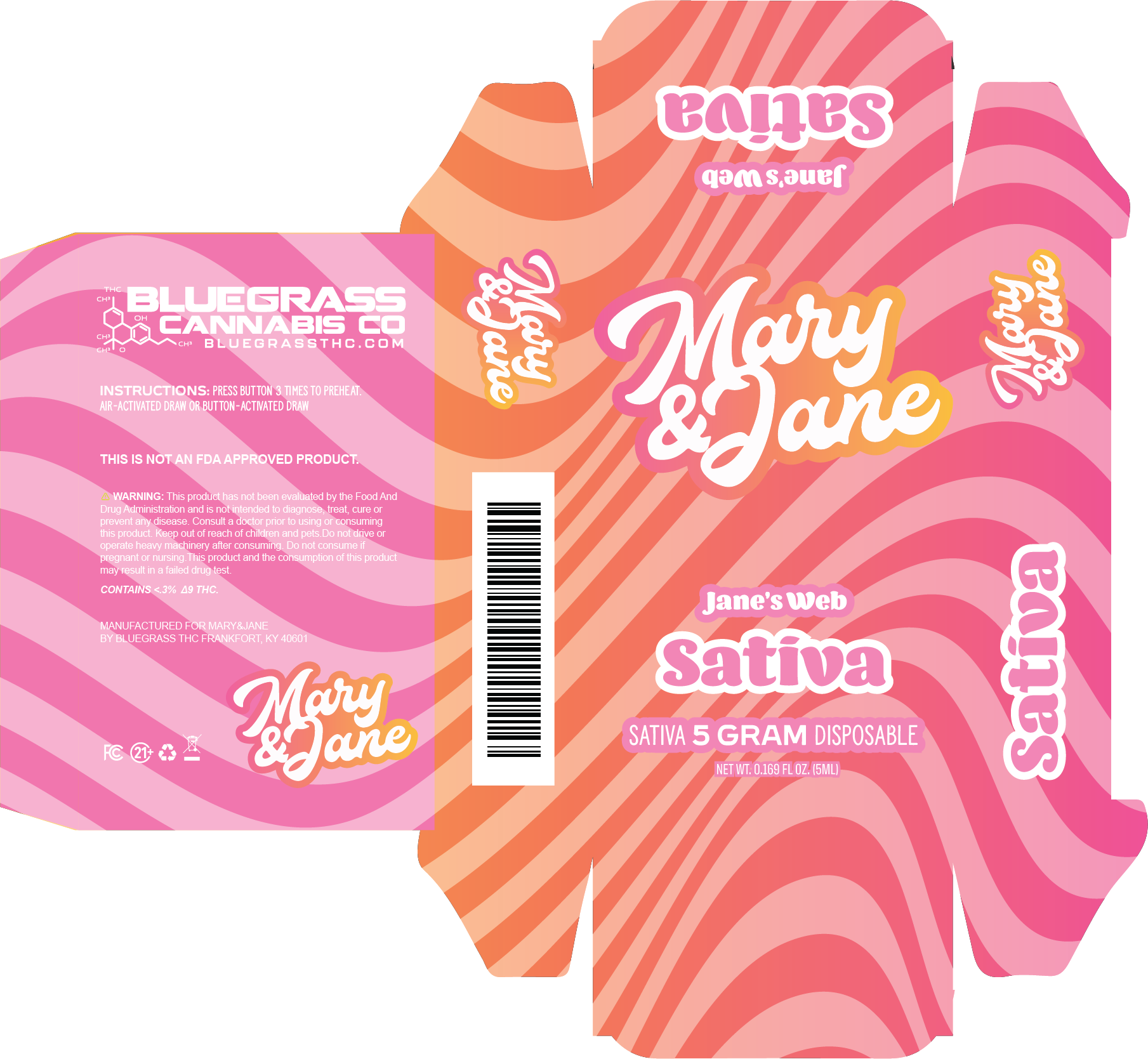 Mary & Jane five-gram disposable carton dieline, sativa — script logo over coral and pink wave bands.