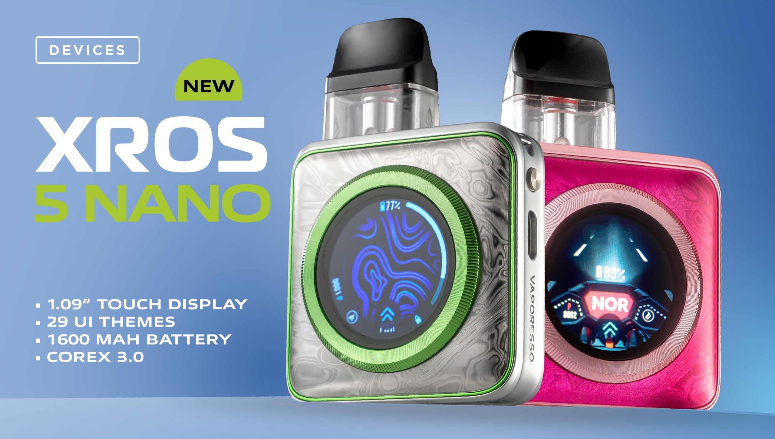 XROS 5 Nano slide — two square-screen devices over a blue burst