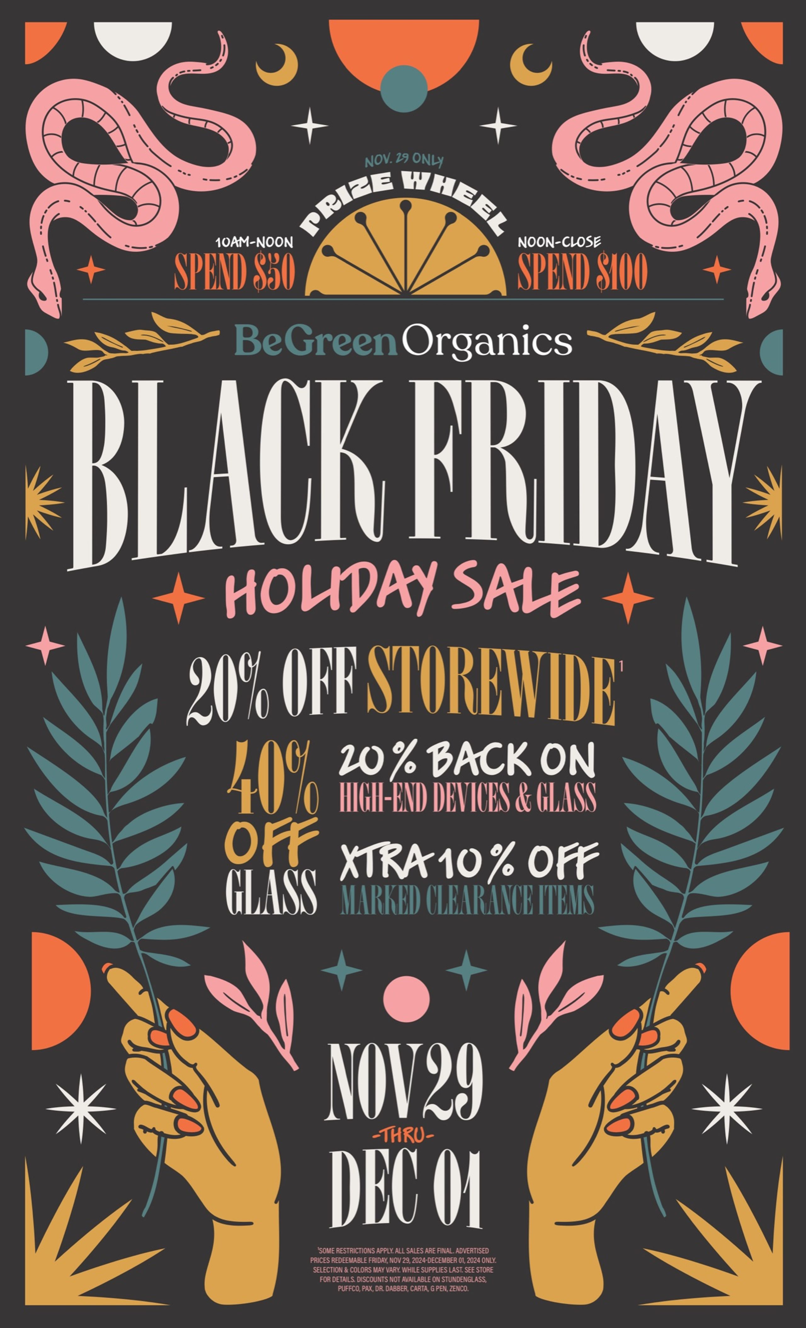 BeGreen Organics Black Friday holiday sale flyer — snakes, prize wheel, and botanical hands on charcoal