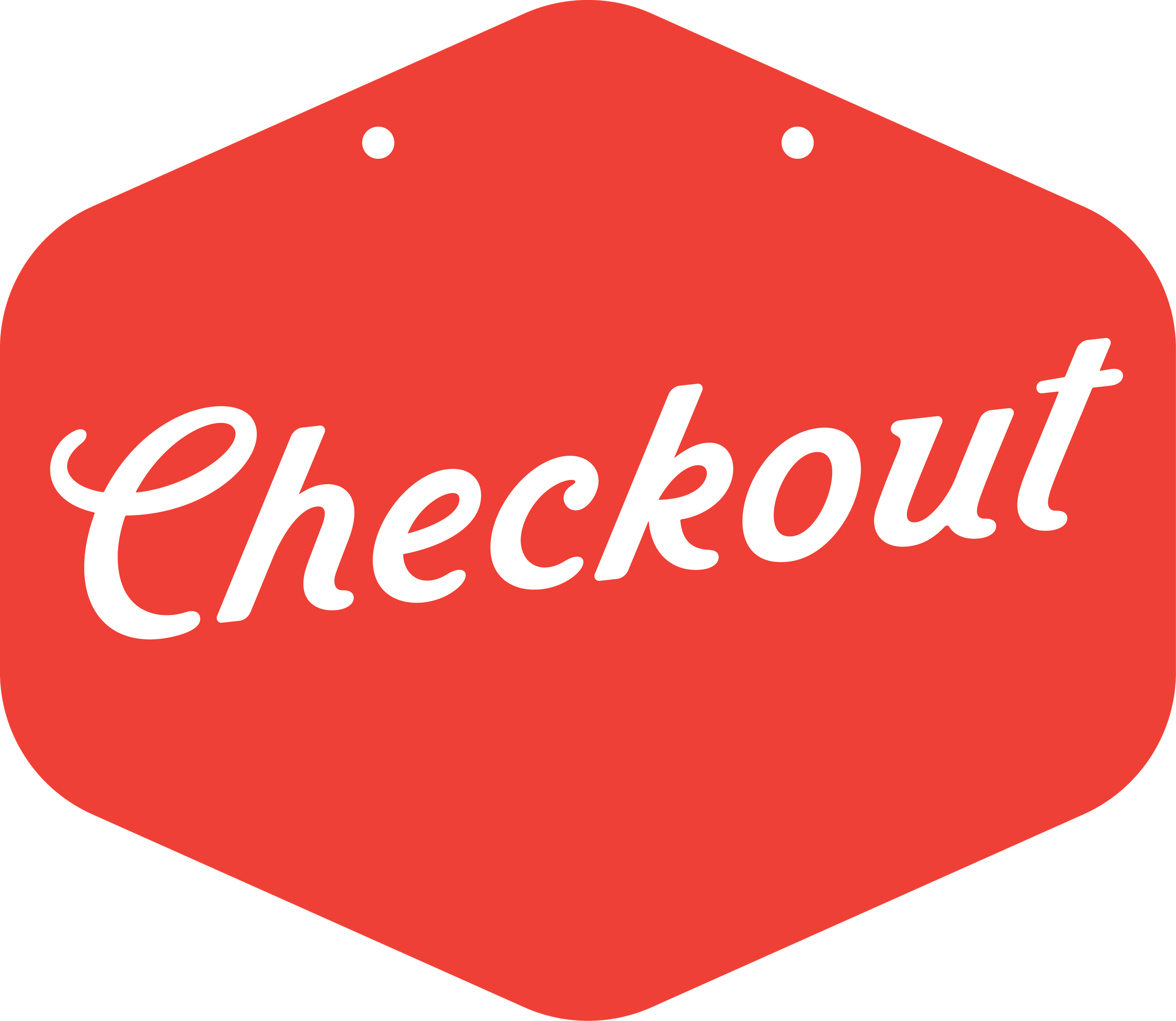 Checkout shelf tag — script lettering on a red die-cut hexagon.