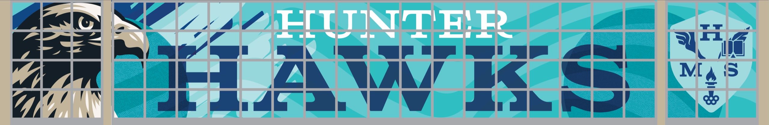 Perforated vinyl window covering for Hunter Elementary's cafeteria — a hawk head and school lettering over teal waves, running the length of the window bank to shade the room from the morning sun.