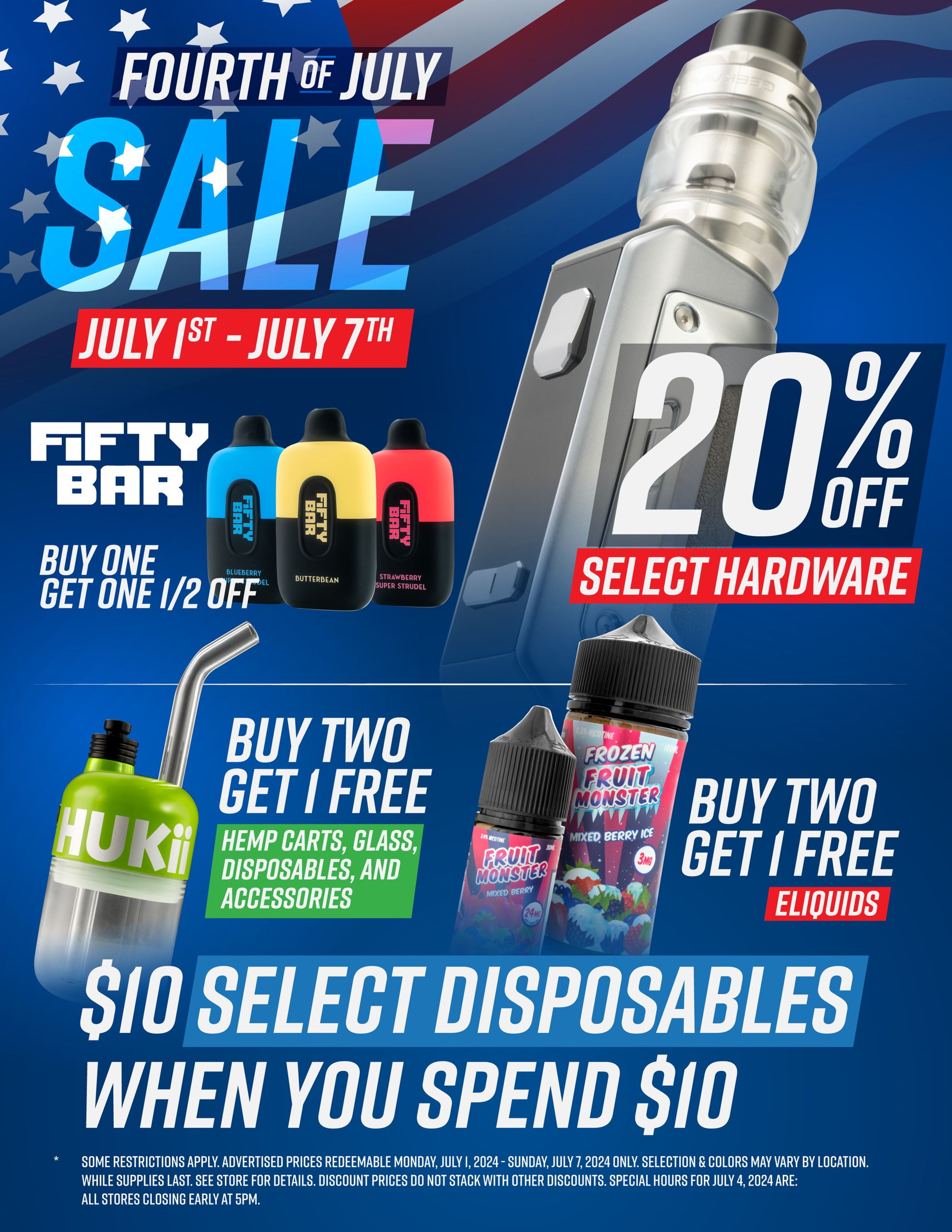Fourth of July sale flyer — 20% off select hardware and buy-one-get-one deals over stars and stripes on blue.