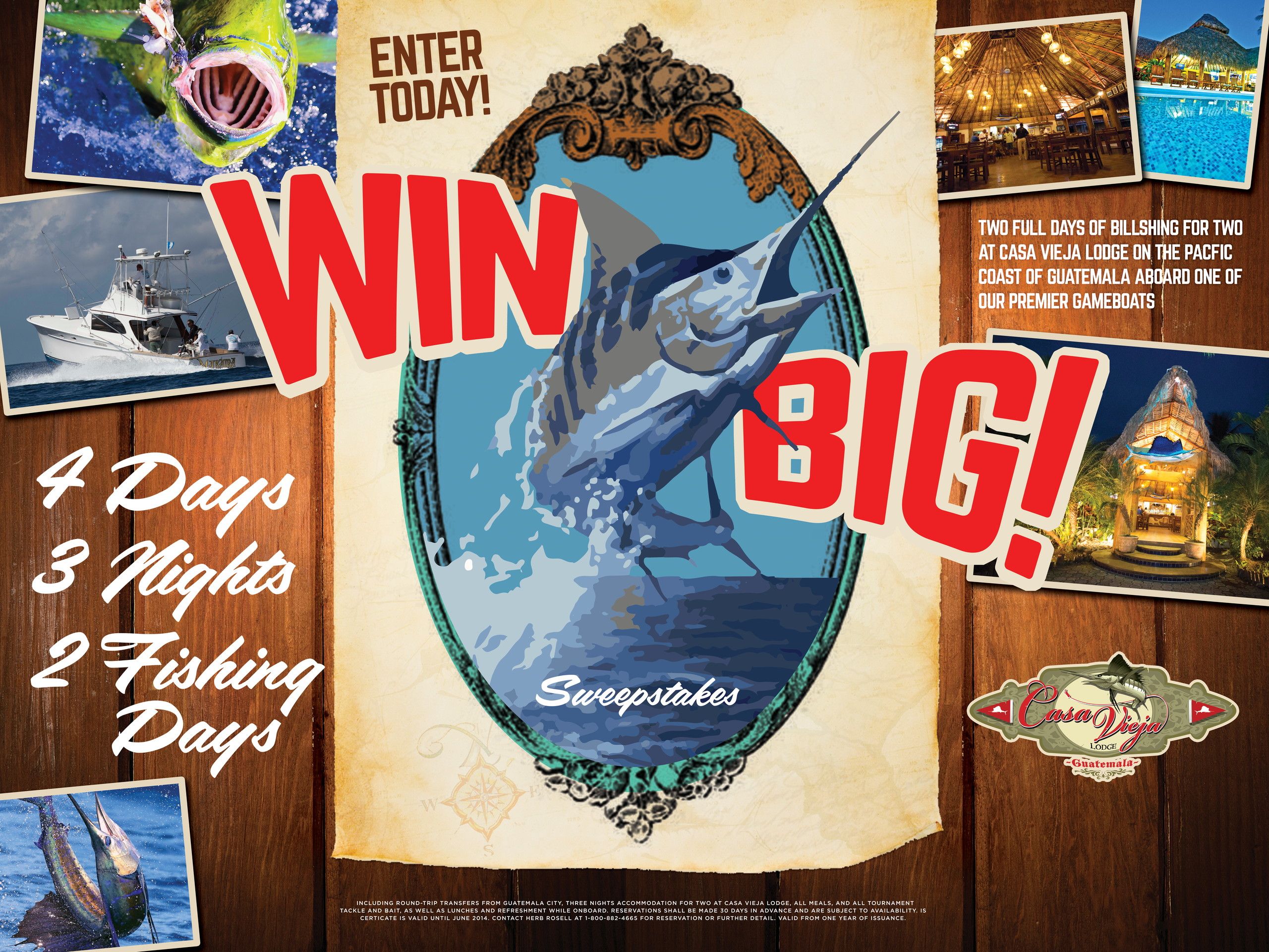 Win Big! sweepstakes postcard — a marlin poster on a wood ground surrounded by fishing and lodge photos.